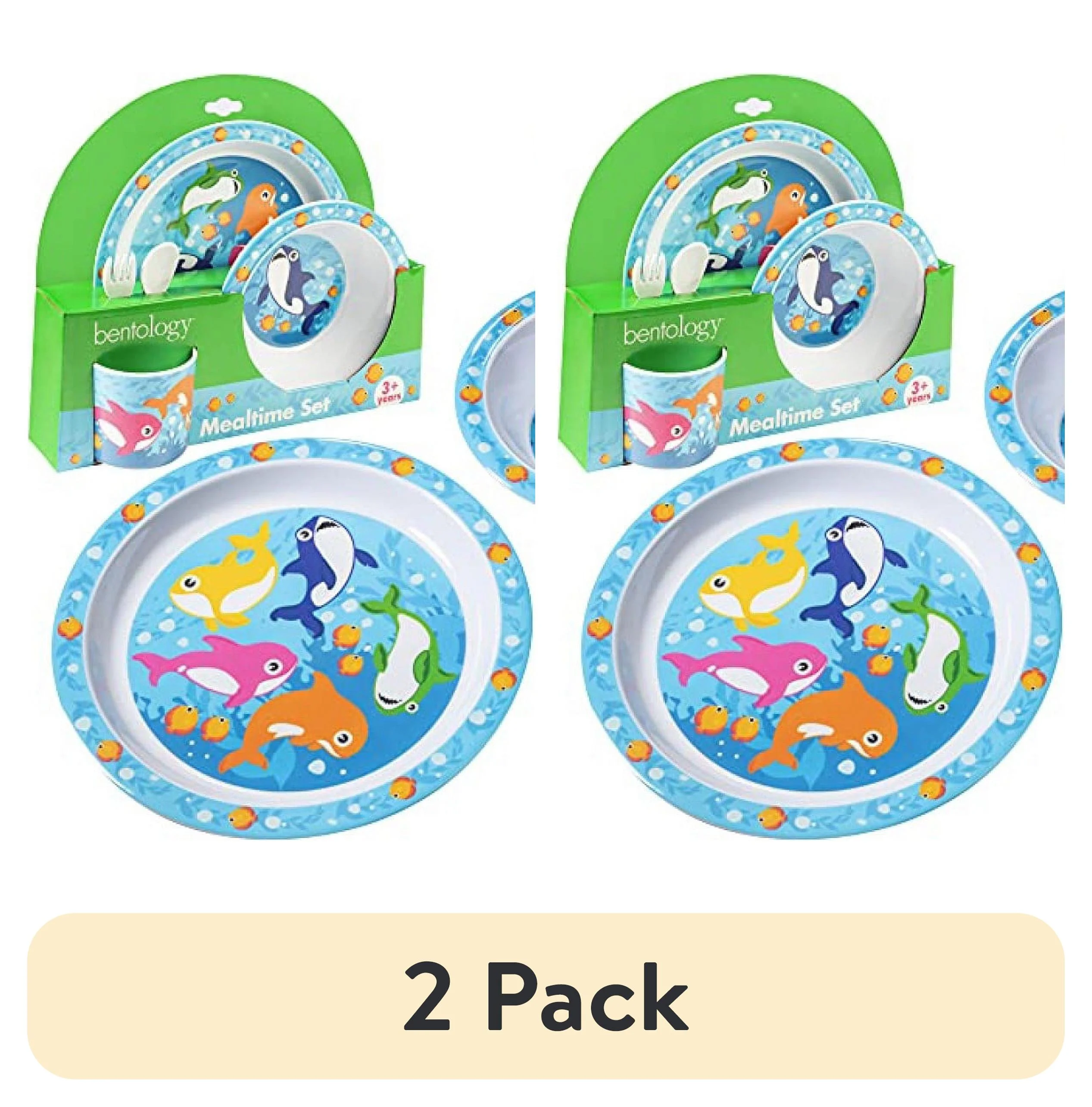 (2 pack) 5 Pc Mealtime Feeding Set for Kids and Toddlers - Shark - Includes Plate, Bowl, Cup, Fork and Spoon Utensil Flatware - Durable, Dishwasher Safe, BPA Free