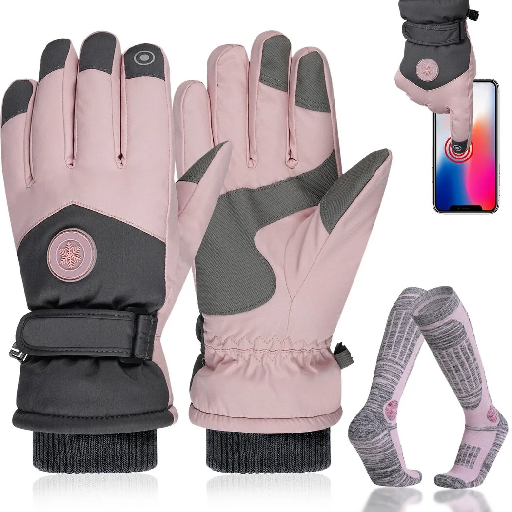 Ski Gloves& Ski Socks Set for Women, Warm Waterproof Anti-Skid Touchscreen Gloves, Thick Thermal Socks for Winter Skiing, Cycling, Hiking