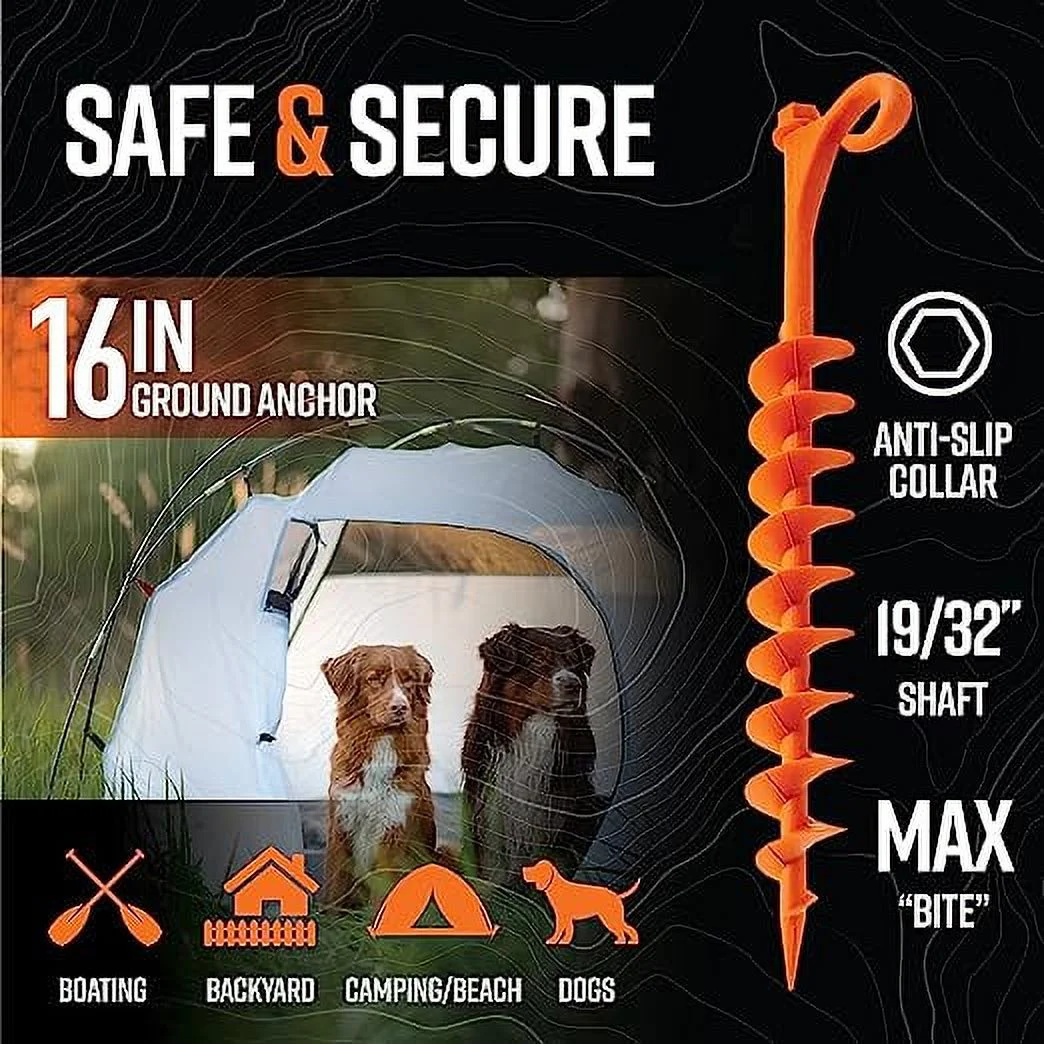GROUNDGRABBA Lite Orange Tent Stakes, Tent Stakes for Sand, Screw in Earth Ground Anchors for Maximum Grip and Longevity in Soft Surfaces, 2 Pack