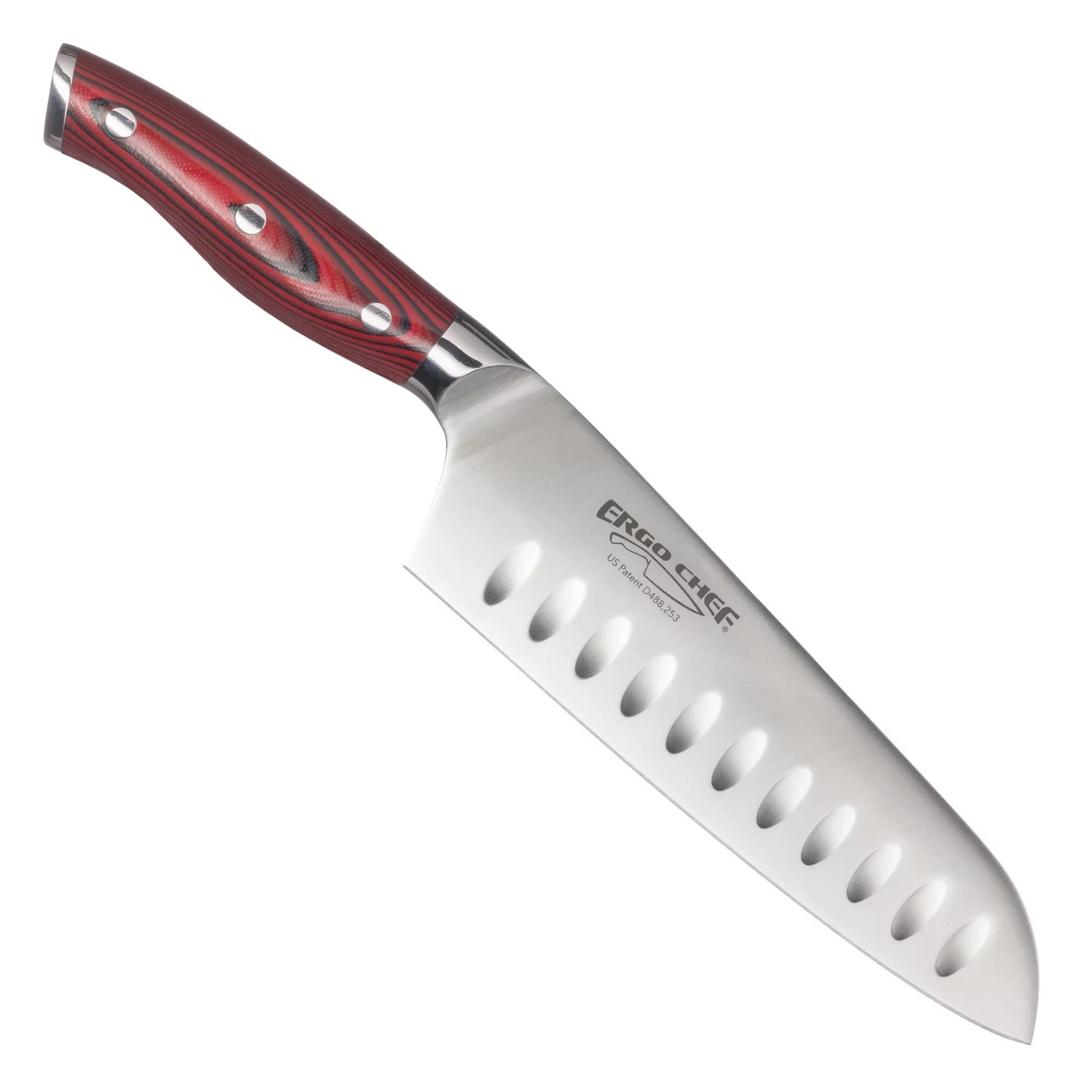 Ergo Chef 3071 -7 in. Crimson G10 Santoku Knife Hollow Grounds - Japanese knife with Red ergonomic G10 Handle
