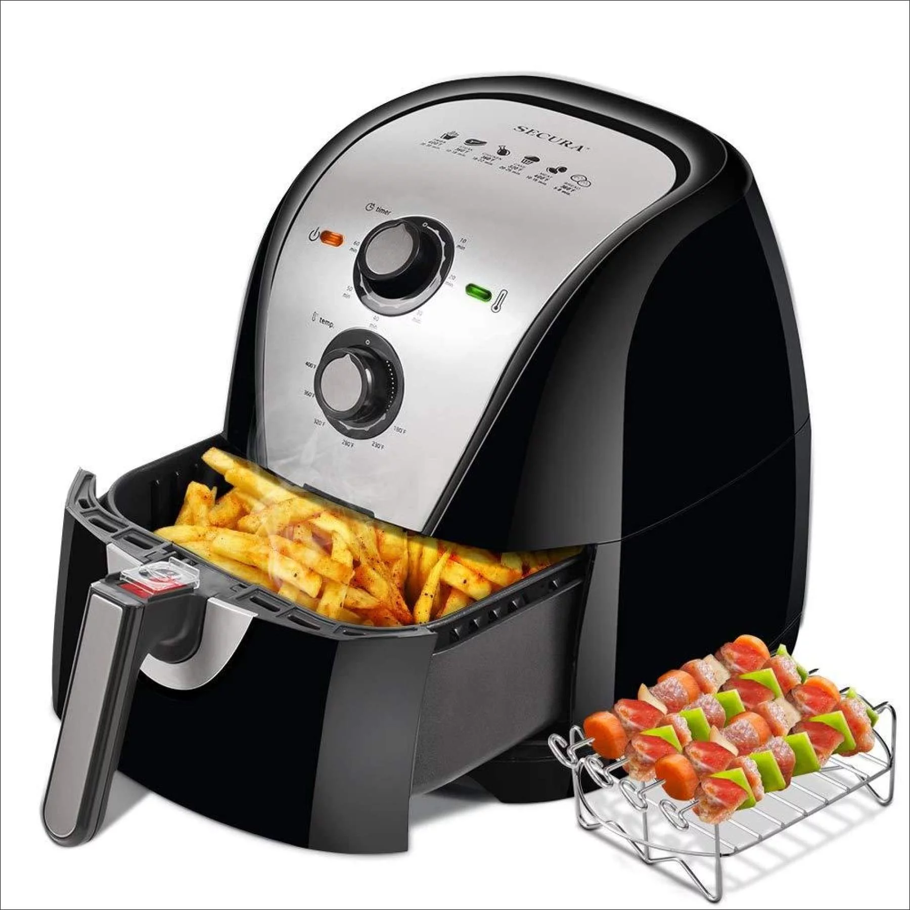 Secura Electric Hot Air Fryer Extra Large Capacity 5.0L / 5.3Qt XL Air Fryers and Additional Accessories, Recipes and Skewers Accessory Set, Sliver
