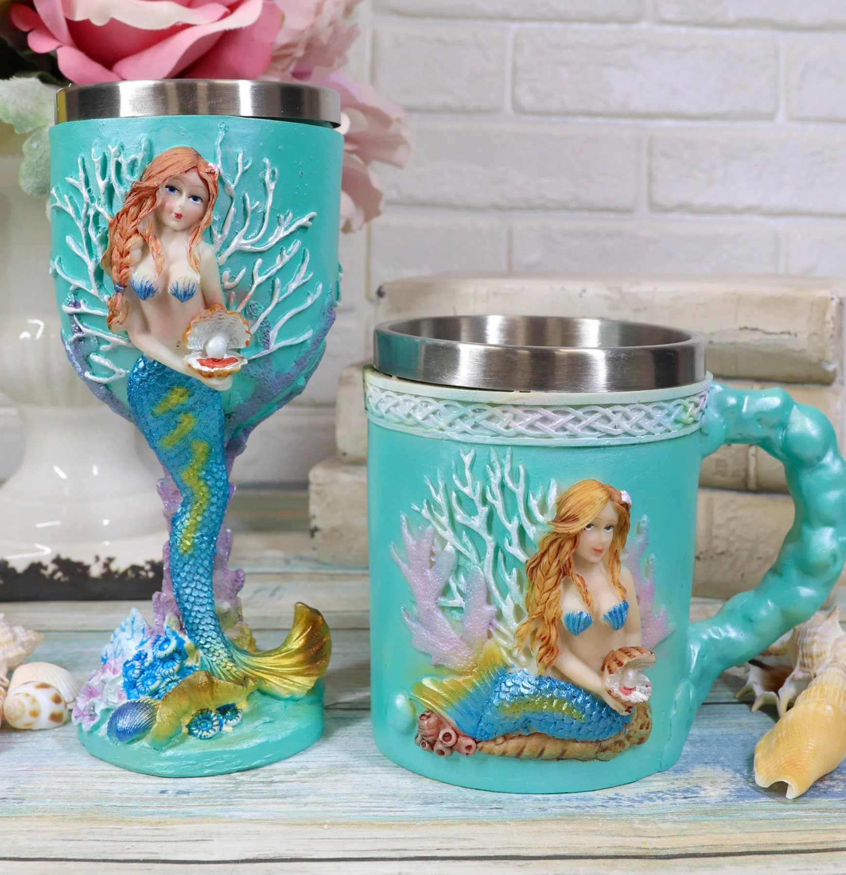 Ebros Nautical Turquoise Ocean Coral Reef Mermaid W/ Pearl Mug & Wine Goblet Set