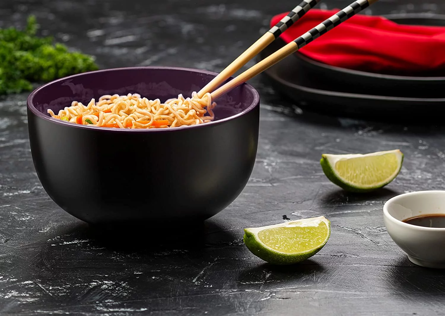 Kook Ceramic Japanese Noodle Bowl Set, 34 Oz, Set of 4, Eggplant Inside