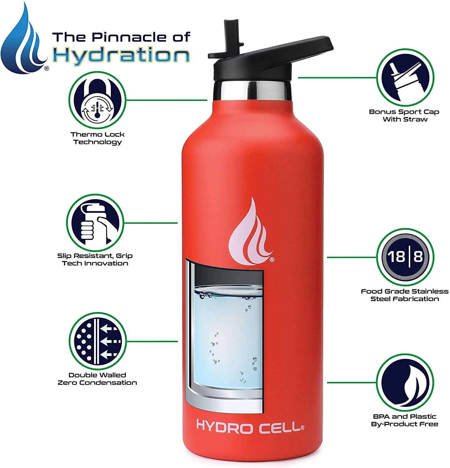 HYDRO CELL Stainless Steel Water Bottle w/Straw & Standard Mouth Lids