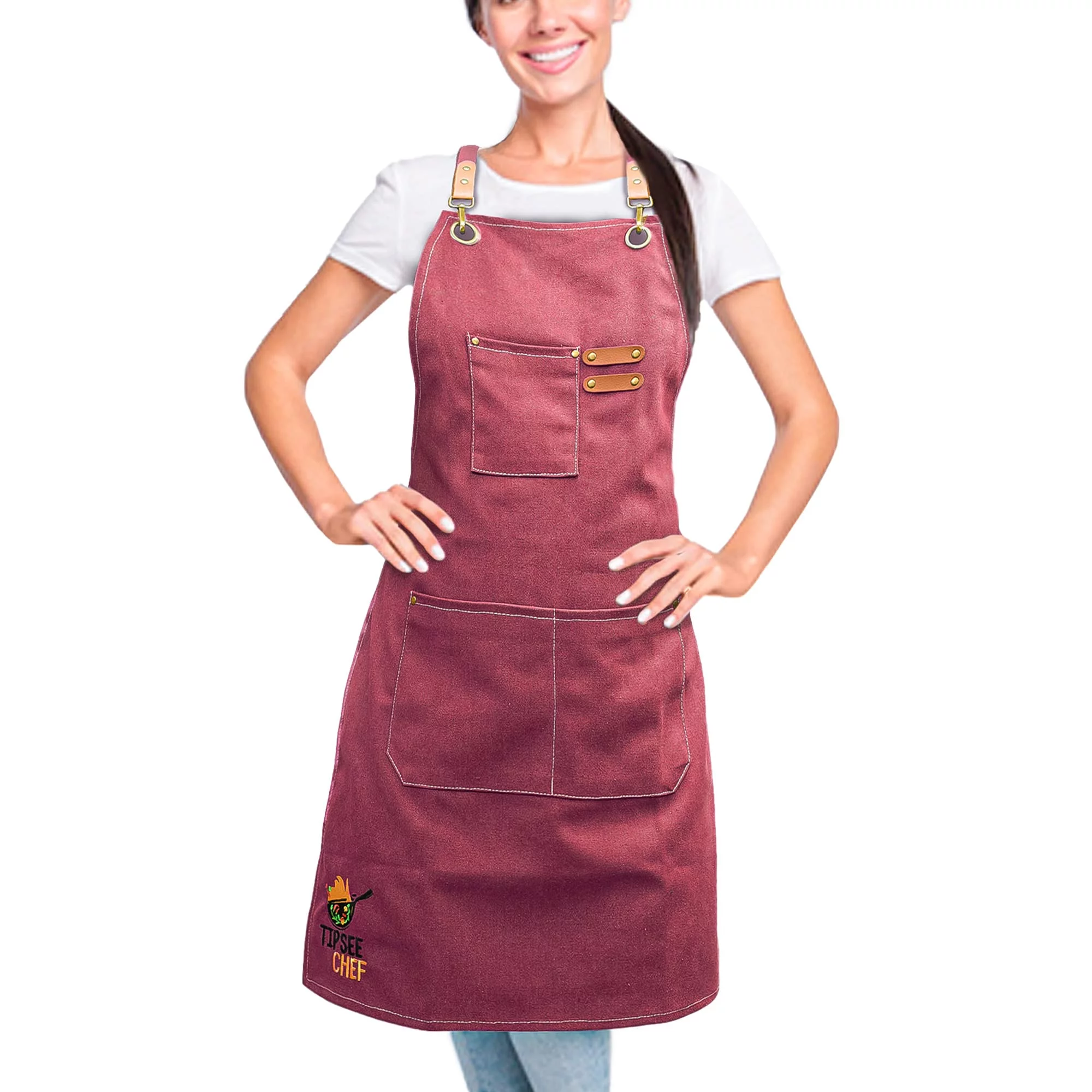 URBAN SOMBRERO Tipsee Chef Kitchen Apron with 3-Pocket Pink Canvas Utility Apron for Cooking, BBQ, Grilling, Welding, Carpentry, Mechanics