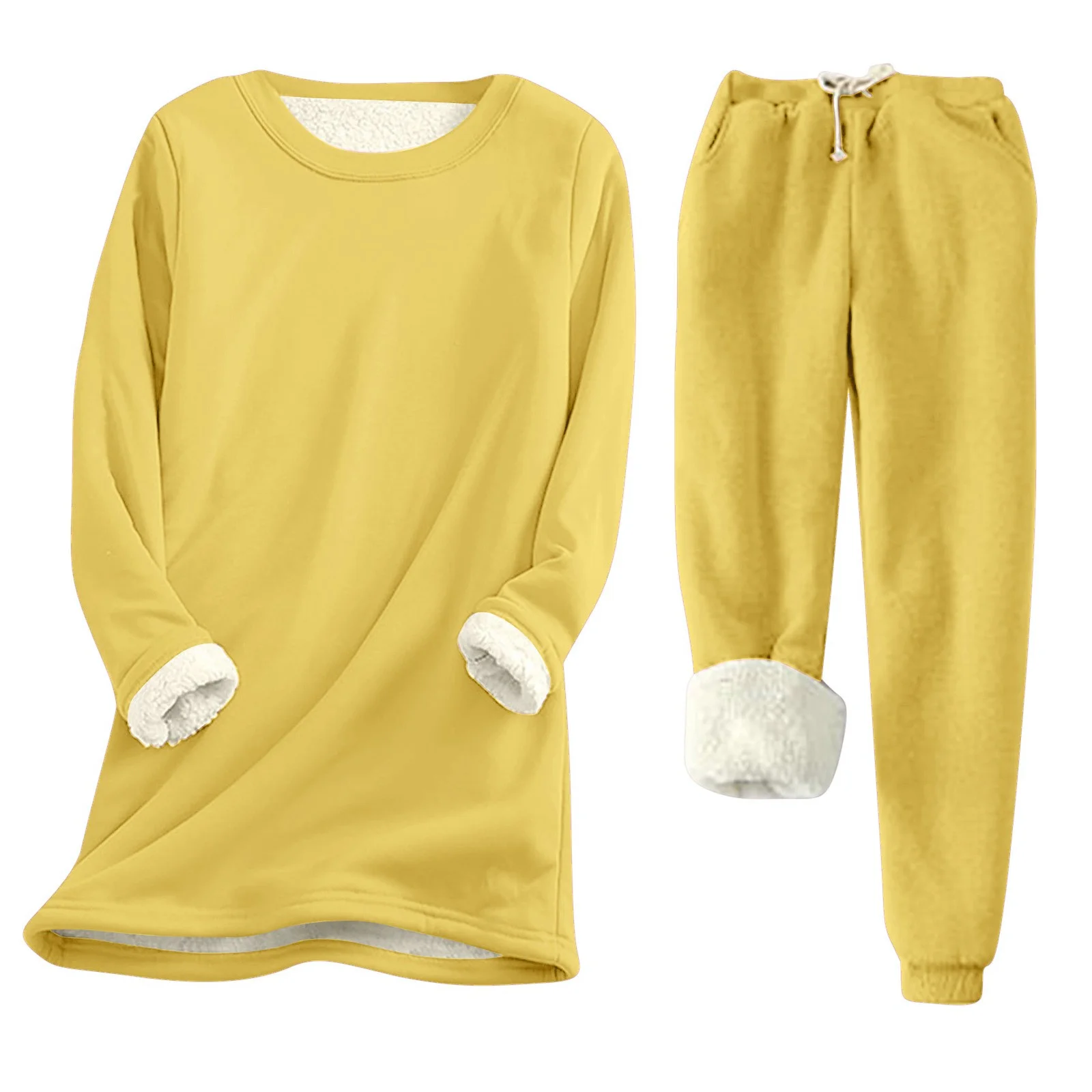 Sherpa Lined Sweatsuits for Women Set 2 Piece,Women Fleece Sweatsuit 2 Pieces Outfit Winter Warm Sherpa Lined Tracksuit Solid Color Thermal Crewneck Sweatshirts and Sweatpants Set 2023