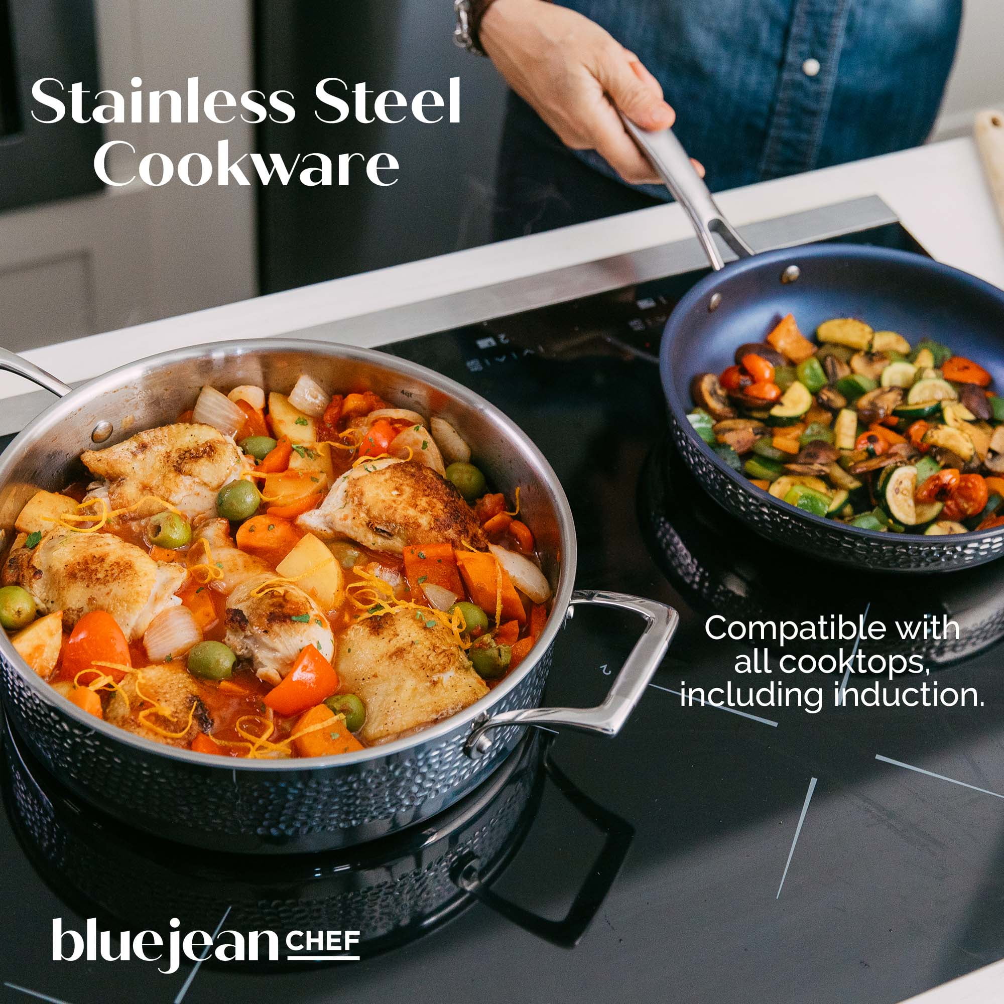 Blue Jean Chef 3-Piece Stainless Steel Cookware Set, Hammered Finish, Tri-Ply Construction Clad Cookware, Nonstick; Induction, Oven & Dishwasher Safe