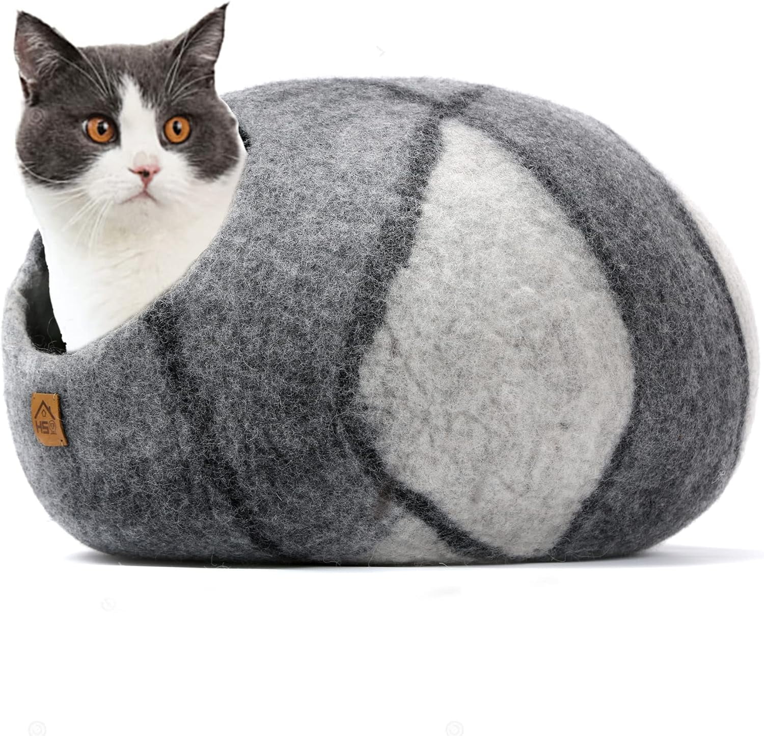 HAUSSIMPLE Wool Cat Cave Bed for Large Cats, Pet Sleeping Bed Natural 100% Merino Wool - Gray White