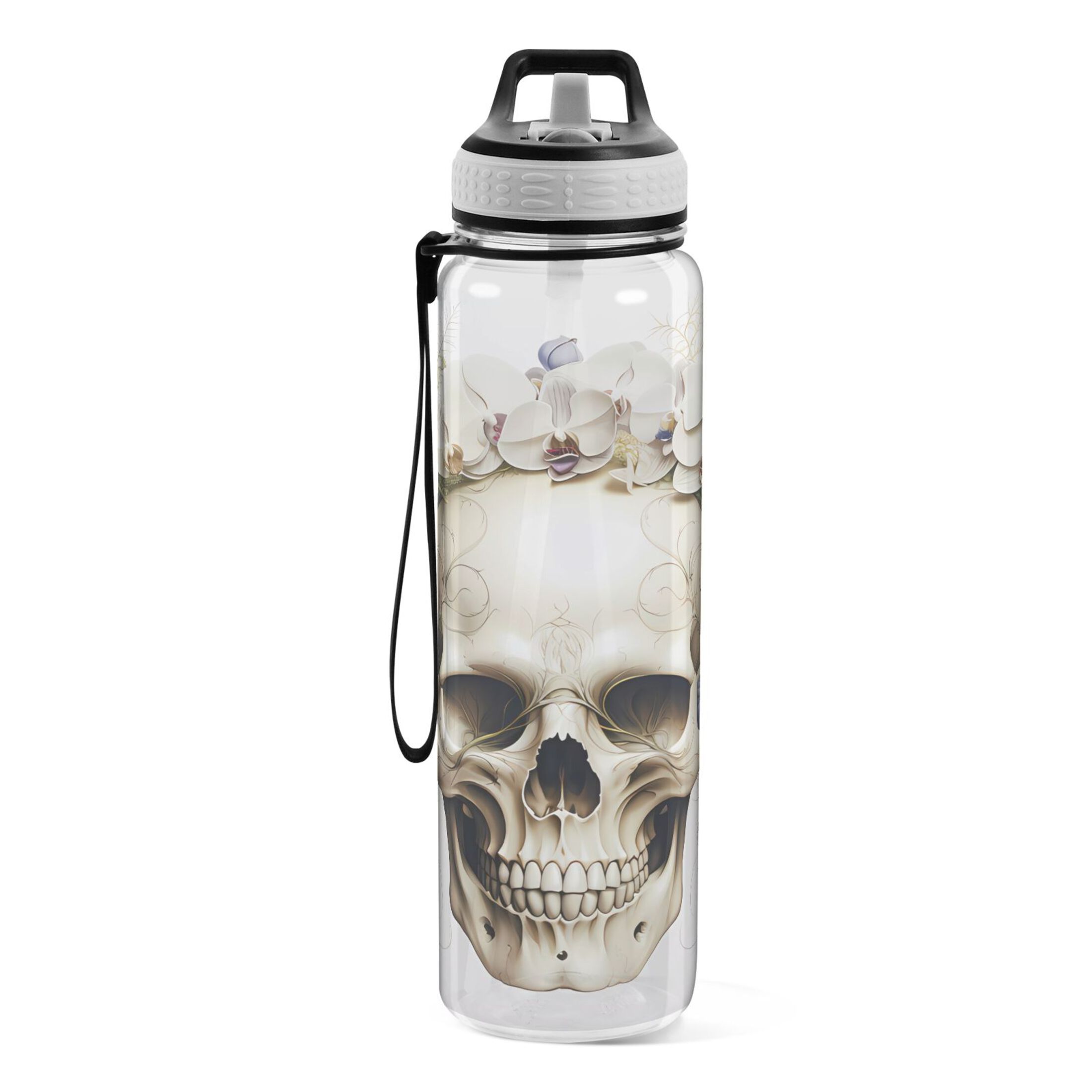 Flowers on Skeleton Skull 32oz Water Bottles with Straw Tritan Leakproof Sports Bottle BPA Free Clear for Fitness Gym Swimming Cycling