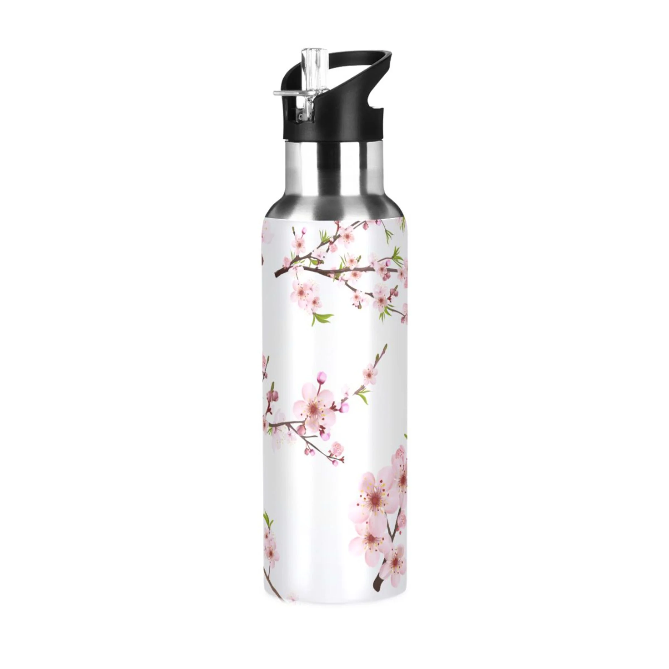 Water Bottle with Straw Lid Leak Blooming Cherry Floral Pink Flower Stainless Steel Insulated Thermos Vacuum Flask for Cold Hot Drinking for Sports Camping Gym Yoga
