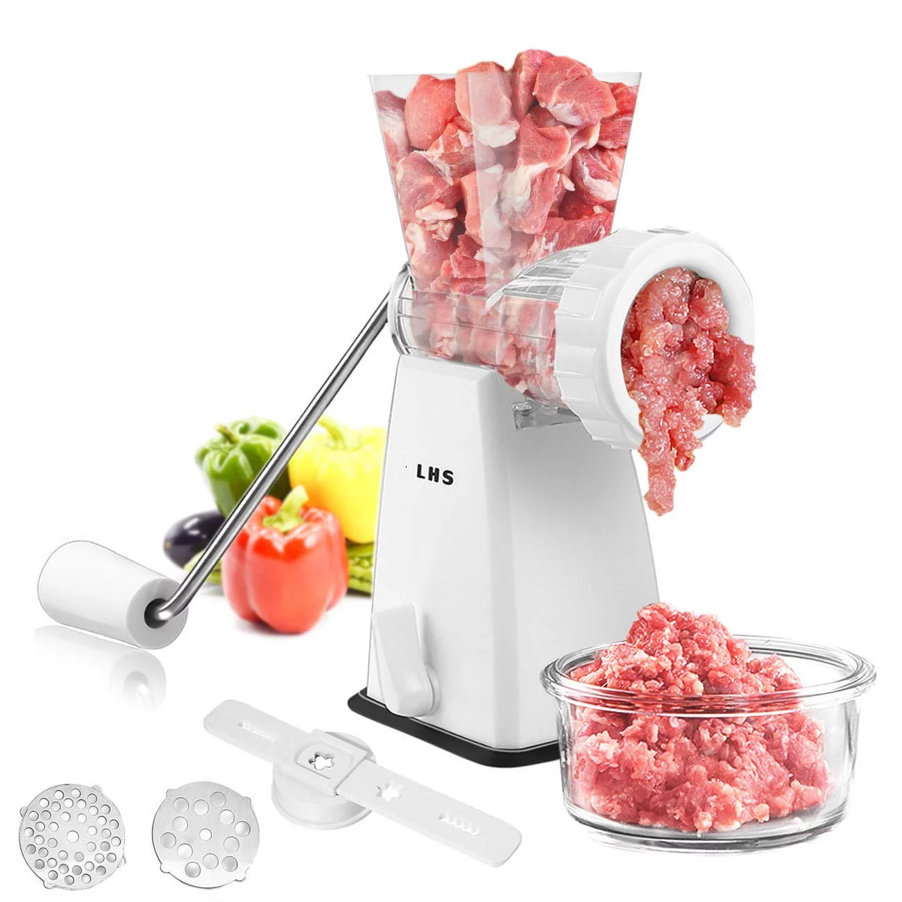 LHS Hand Operated Meat Grinder Stainless Steel Blades, Manual Meat Grinder with Heavy Duty Powerful Suction Sausage Maker  for Beef Chicken Pepper Mushroom