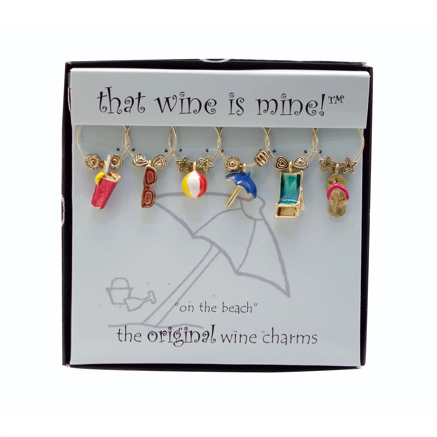 Wine Things 6-Piece Wine Charms/Wine Glass Tags/Drink Markers for Stem Glasses, Wine Tasting Party (On The Beach)