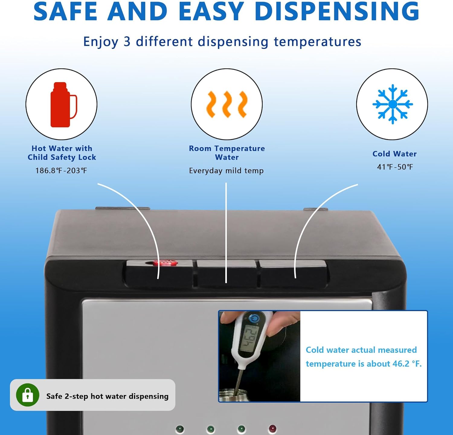 U-SHARE Bottom Loading Water Cooler Dispenser, 5 Gallon Bottles - Hot, Cold & Room Water Dispenser with 3-Temperature, Child Safety Lock, Removable Drip Tray, Black & Stainless