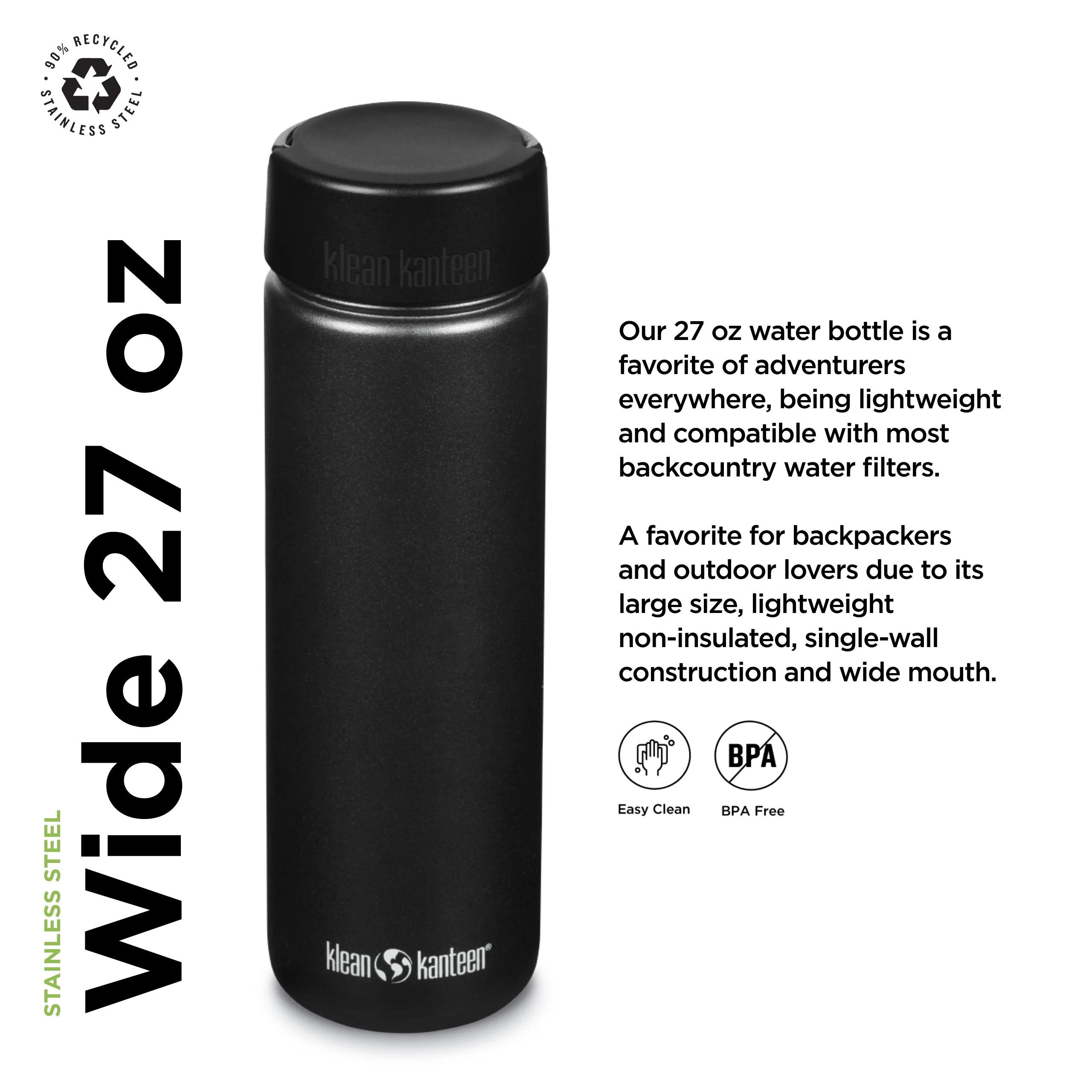 Klean Kanteen Wide w/Wide Loop Cap, 27oz, Black