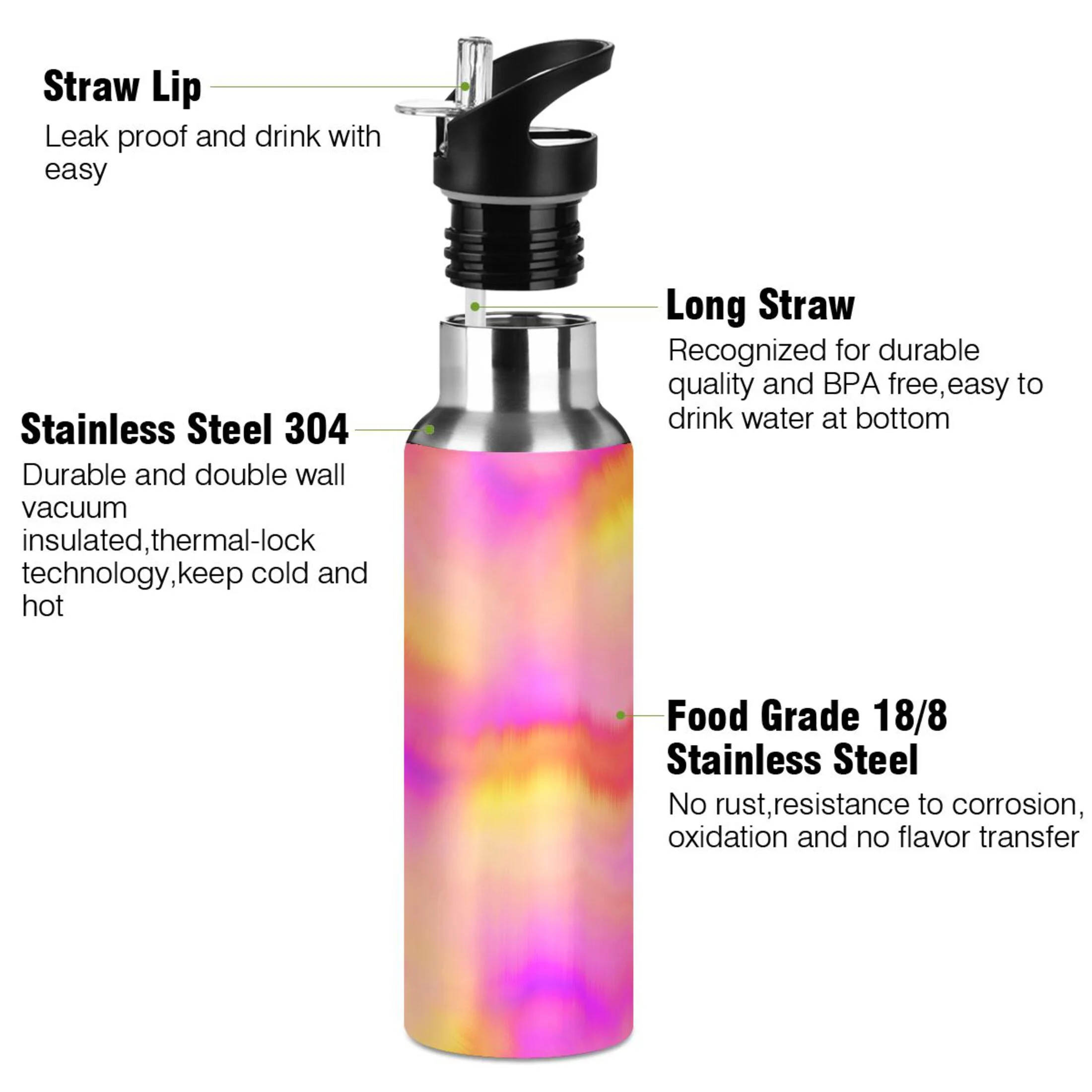 Stainless Steel Water Bottle Bright Colors Rainbow Gradient with Straw Lid Vacuum Insulated Leak Proof Flask Jug for Gym Travel Sports Cycling Outdoor 20 OZ