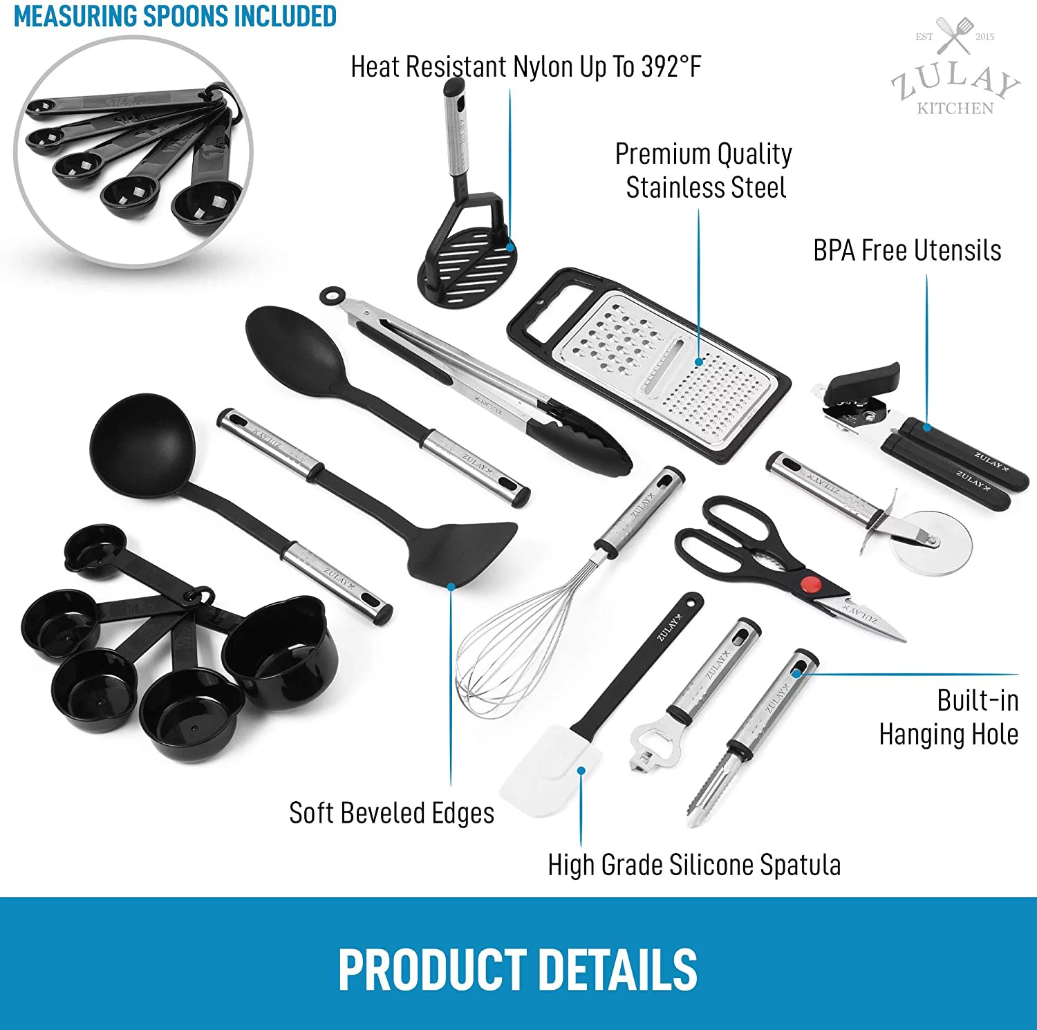 Zulay Kitchen 23 Piece Nylon Kitchen Utensils Nylon & Stainless Steel Non-Stick Cooking Utensils Set