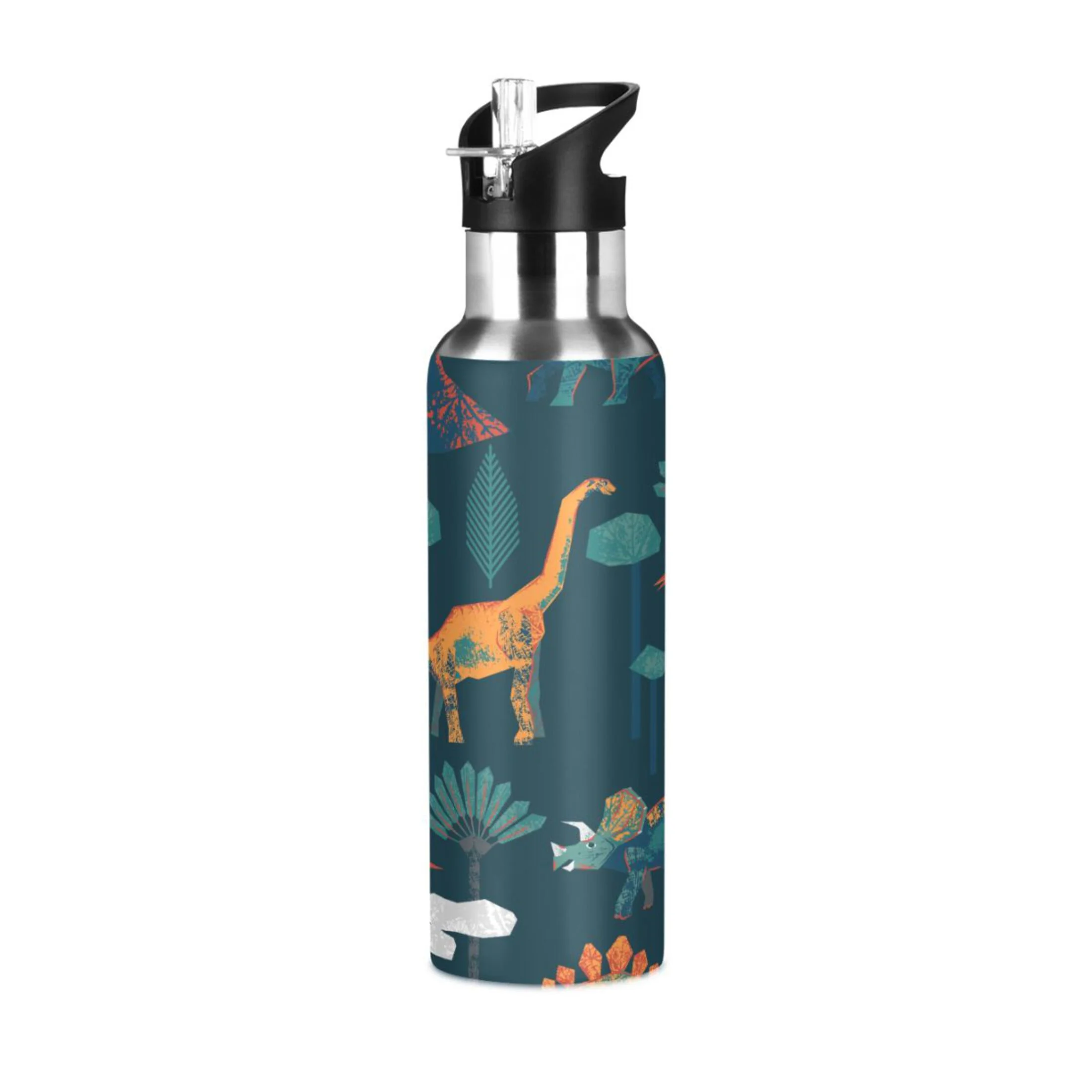 Water Bottle with Straw Lid Leak Dinosaur Forest Stainless Steel Insulated Thermos Vacuum Flask for Cold Hot Drinking for Sports Camping Gym Yoga