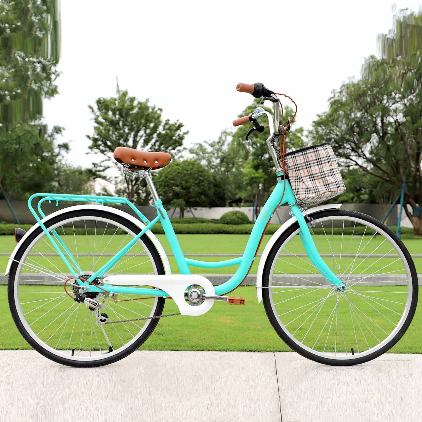 YAPENG Womens Beach Cruiser Bike, 7 Speed Cruiser Bicycle, 26 Inch City Commuting Bike with Basket