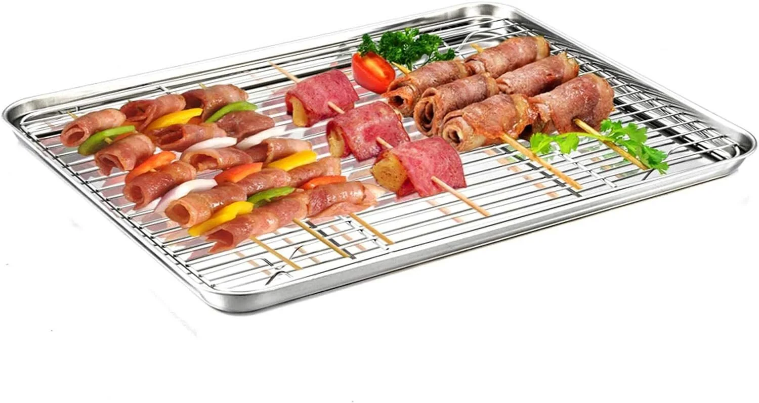 Olibuy Baking Sheet & Rack Set, Stainless Steel Cookie Sheet Pan with Cooling Rack for Baking/Roasting/Grilling, Oven & Dishwasher Safe, Commercial Quality & Heavy Duty, Rust Free & Non Toxic.
