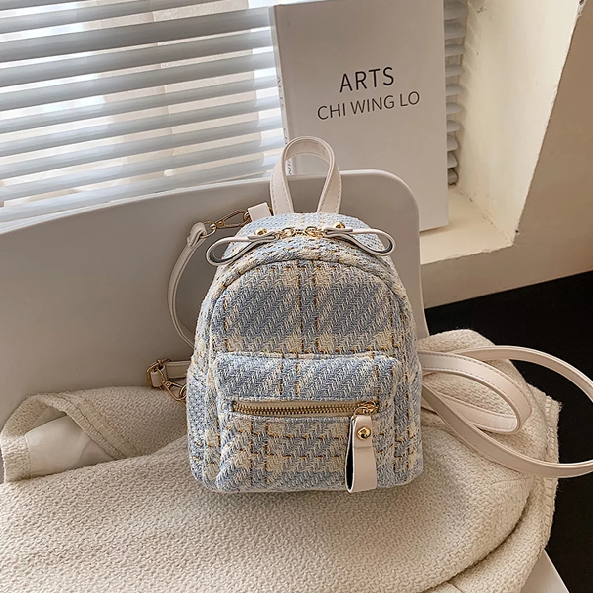CJUAN Mini Backpack for Women Girls Denim Checkered Bag Travel Rucksack Casual Shoulder Bags Fashion Satchel Light Blue