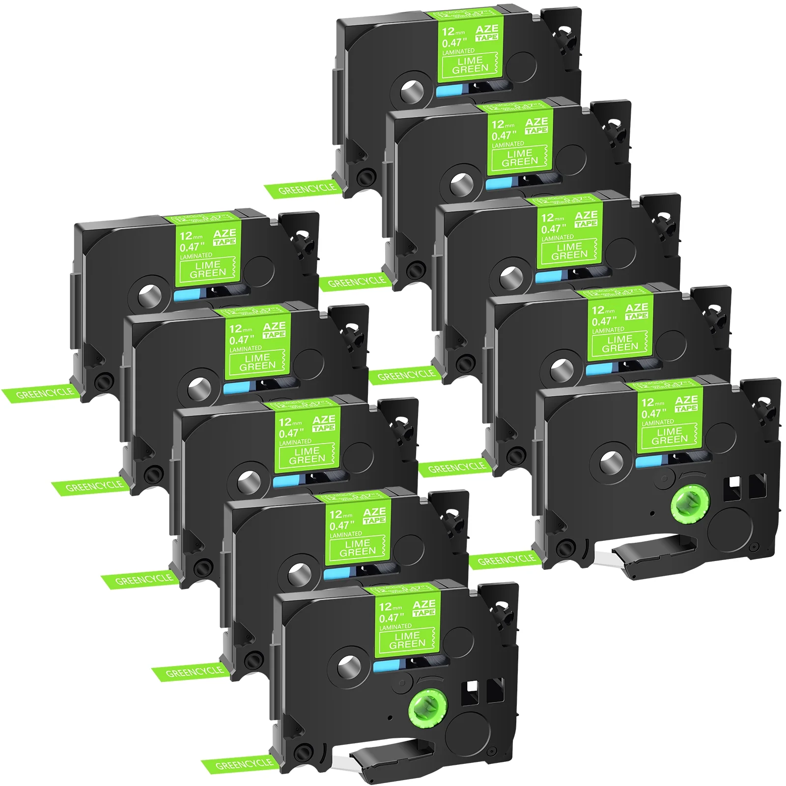 GREENCYCLE 10PK Compatible for Brother P-touch TZe-MQG35 TZ-MQG35 12mm 5m White on Lime Green Laminated Label Tape