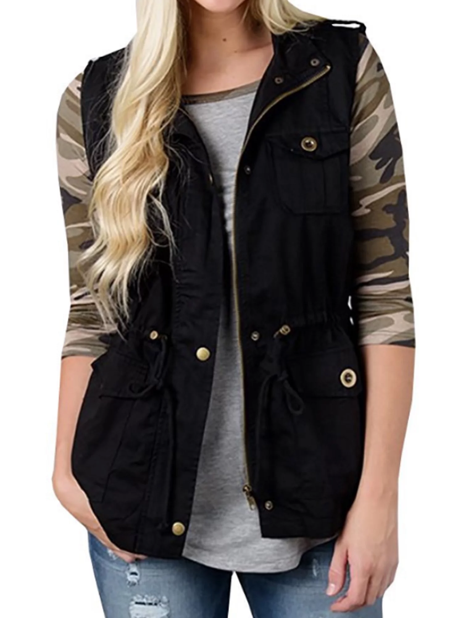 Springcmy Women Olive Cargo Utility Safari Vest Pockets Drawstring Jacket Coat