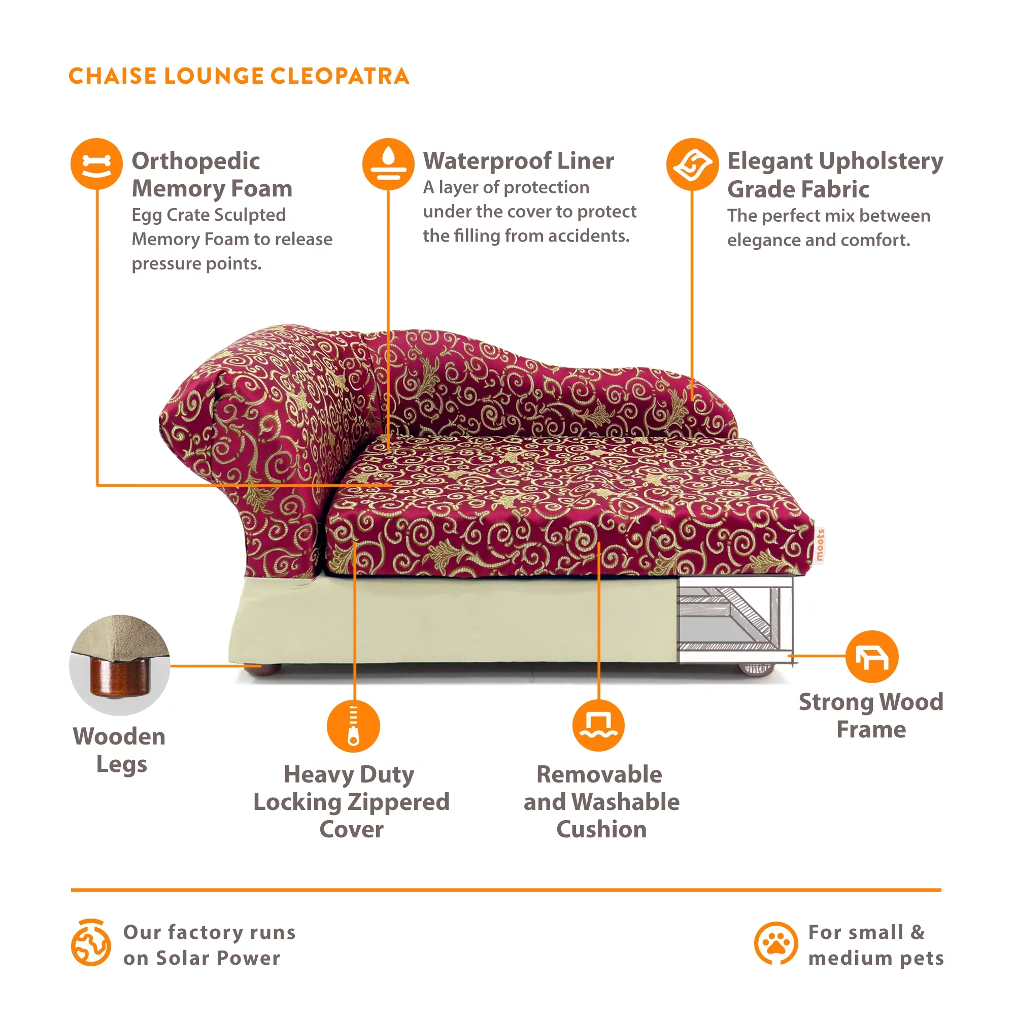 Moots Cleopatra Pet Chaise Lounge Bed Elegant Burgundy Red, Medium