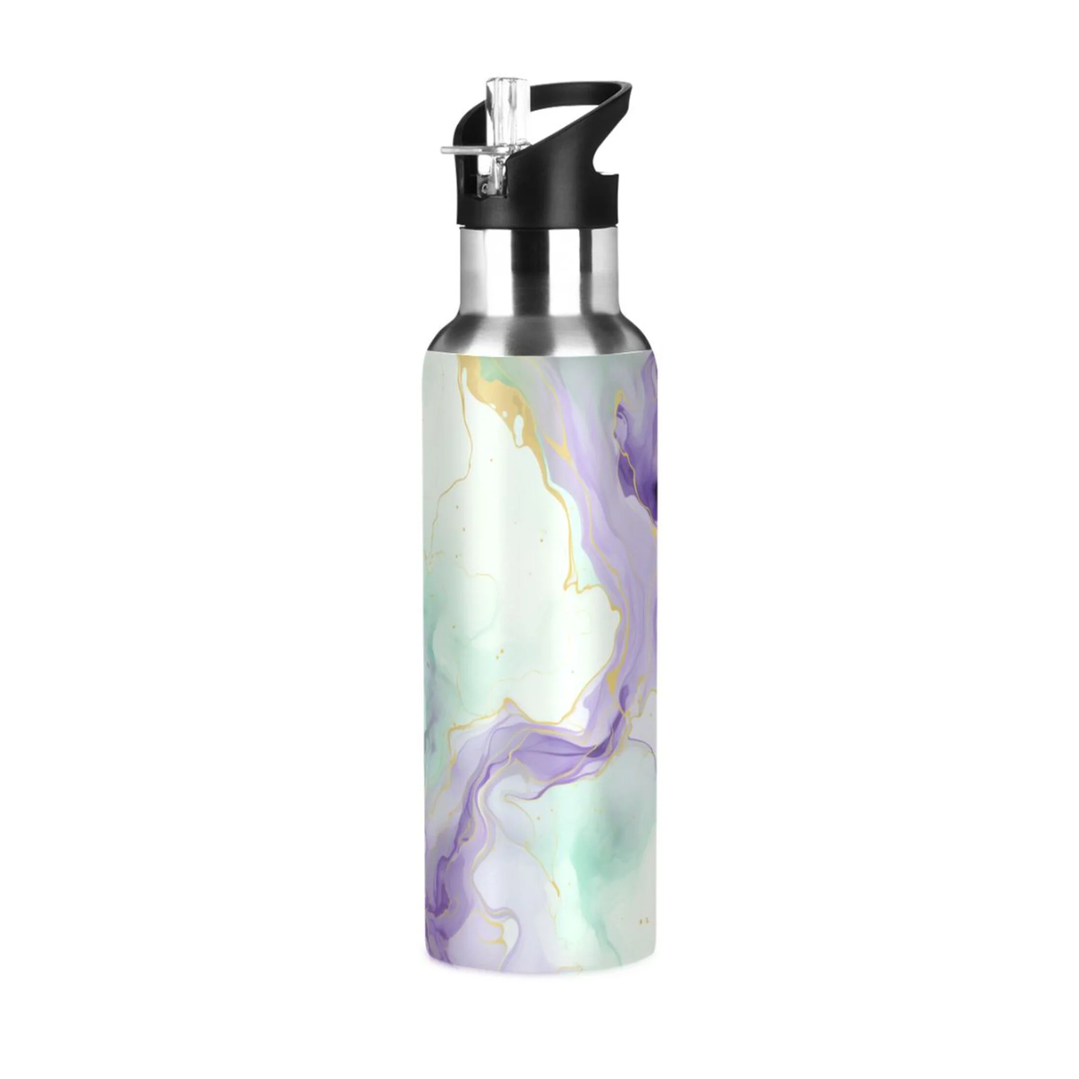 Green with Purple Marble Water Bottles Insulated Thermos Kids Stainless Steel Bottle with Straw Lid Flask Leakproof for Sports Gym 20 oz