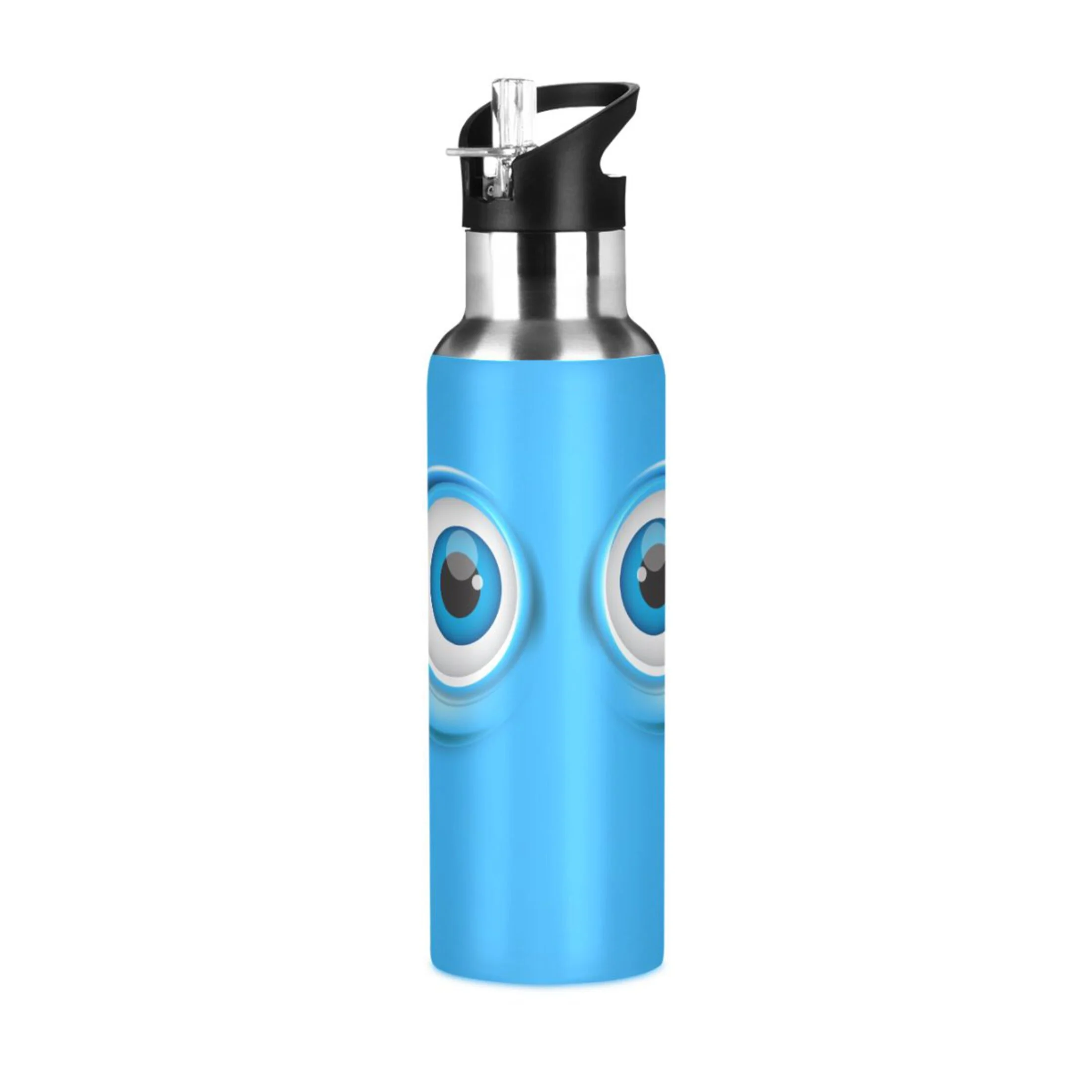 Water Bottle with Straw Lid Leak Cute Cartoon Eyes Blue Stainless Steel Insulated Thermos Vacuum Flask for Cold Hot Drinking for Sports Camping Gym Yoga