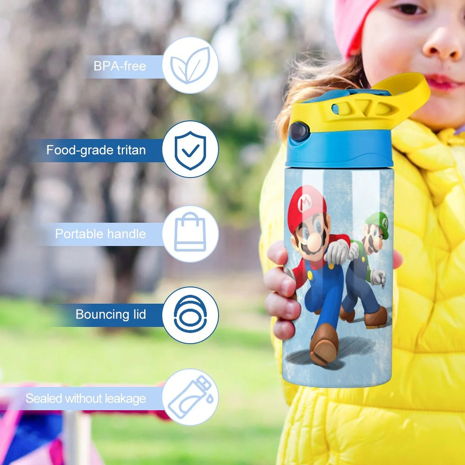 Luigi Mario Kid's Insulated Water Bottle With Straw Vacuum Stainless Steel Cup Leak-Proof Children Toddler Thermoses