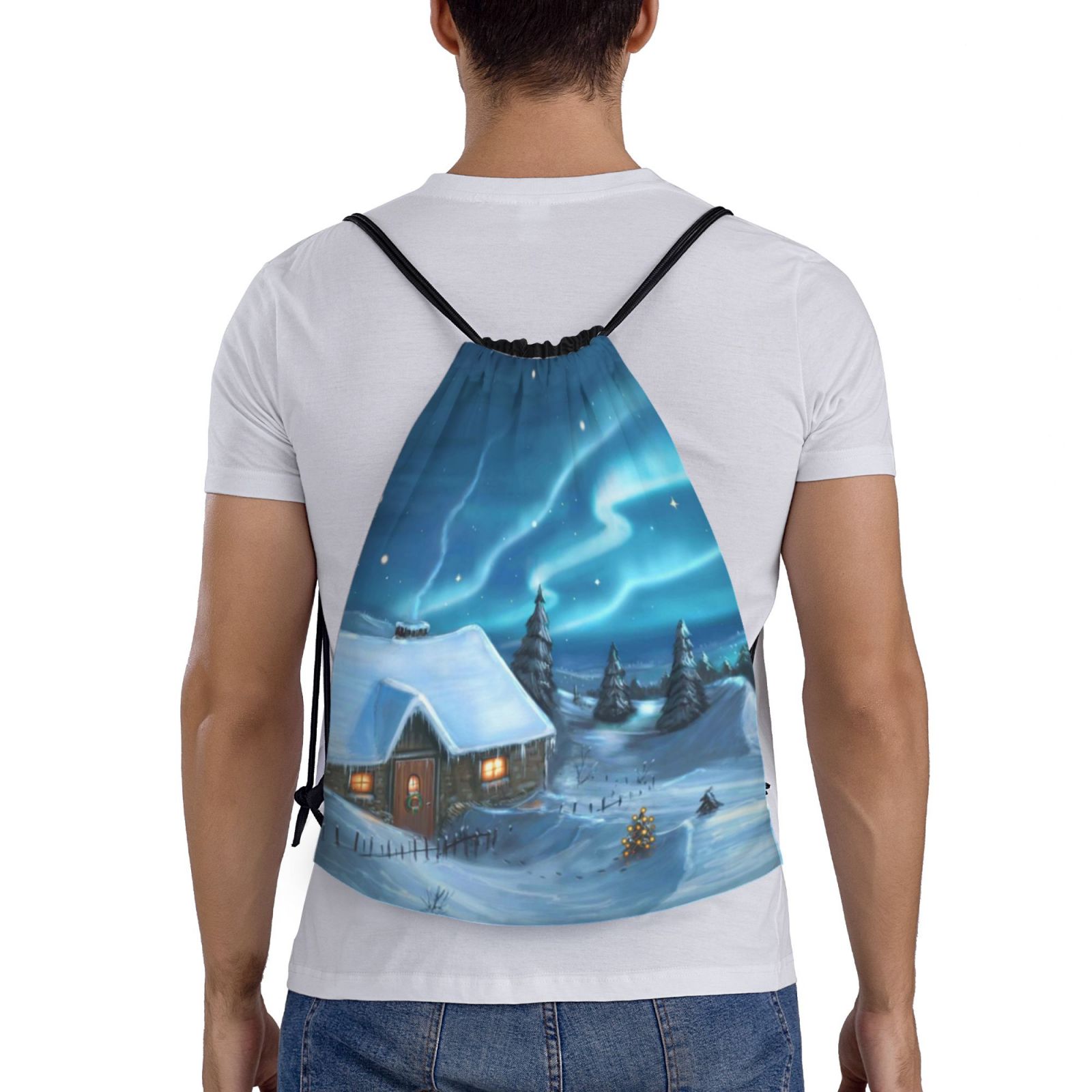 Bingfone Mountain Cottage In Snow Drawstrings Backpacks Bags For Men Women Gym Drawstrings Bag