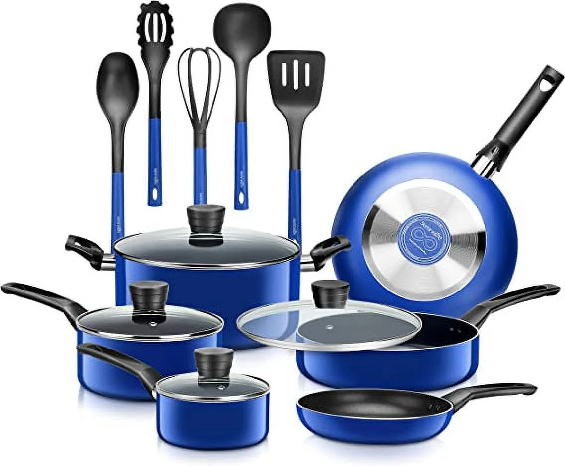 SereneLife 15-Piece Pots & Pans Basic Kitchen Cookware Black Non-Stick Coating Inside, (Blue)