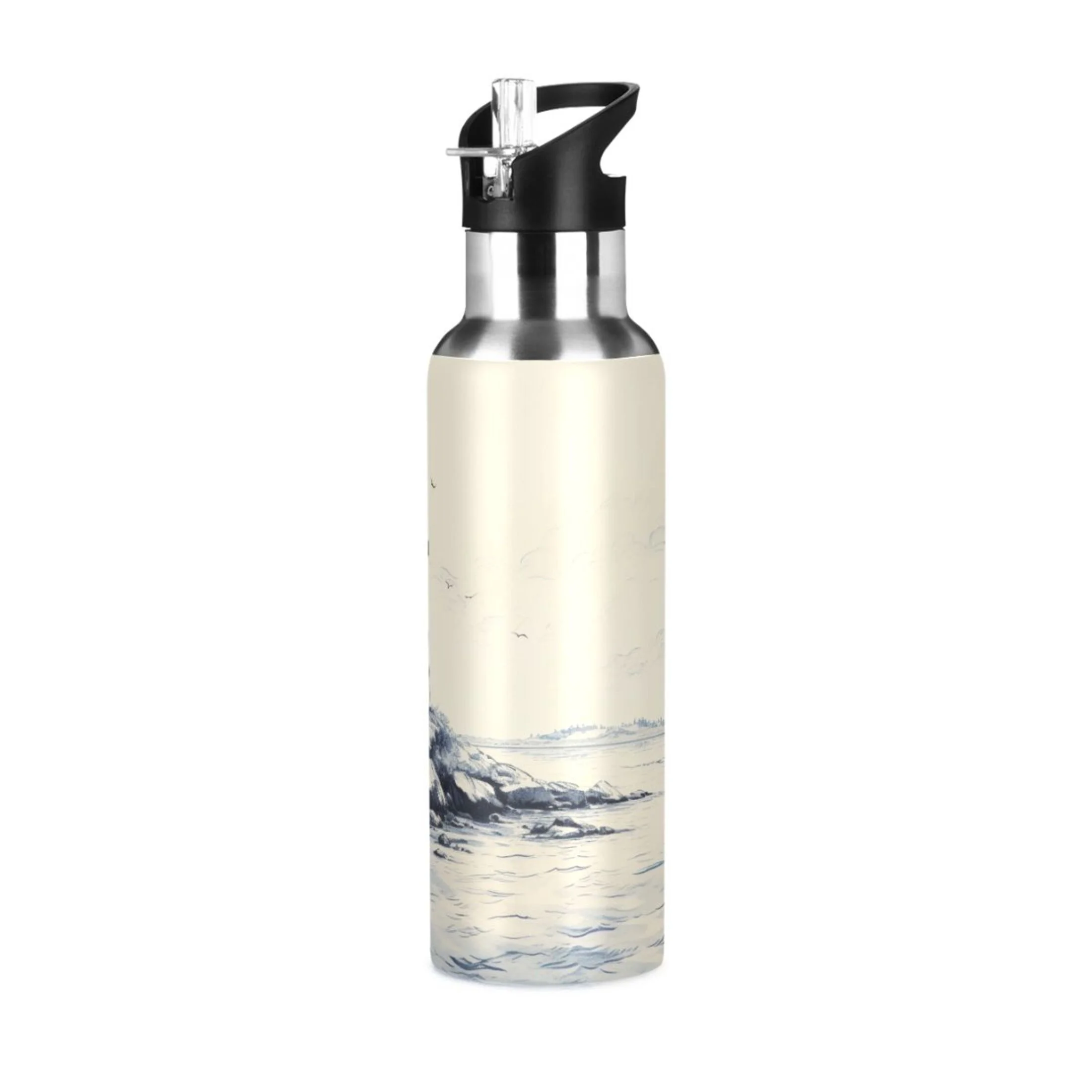 Ship in Sea Landscape Water Bottles Insulated Thermos Kids Stainless Steel Bottle with Straw Lid Flask Leakproof for Sports Gym 20 oz