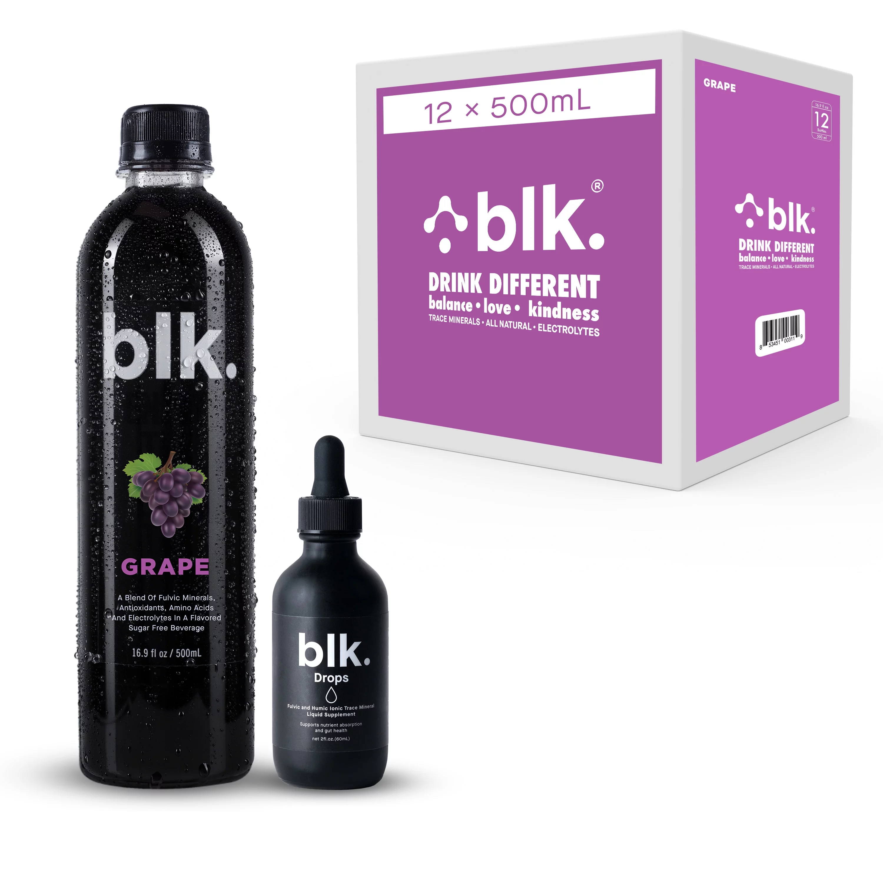BLK. Grape Fulvic Enriched Water 16.9oz / 500ml (12 Pack) + 2oz Fulvic Charged Drops