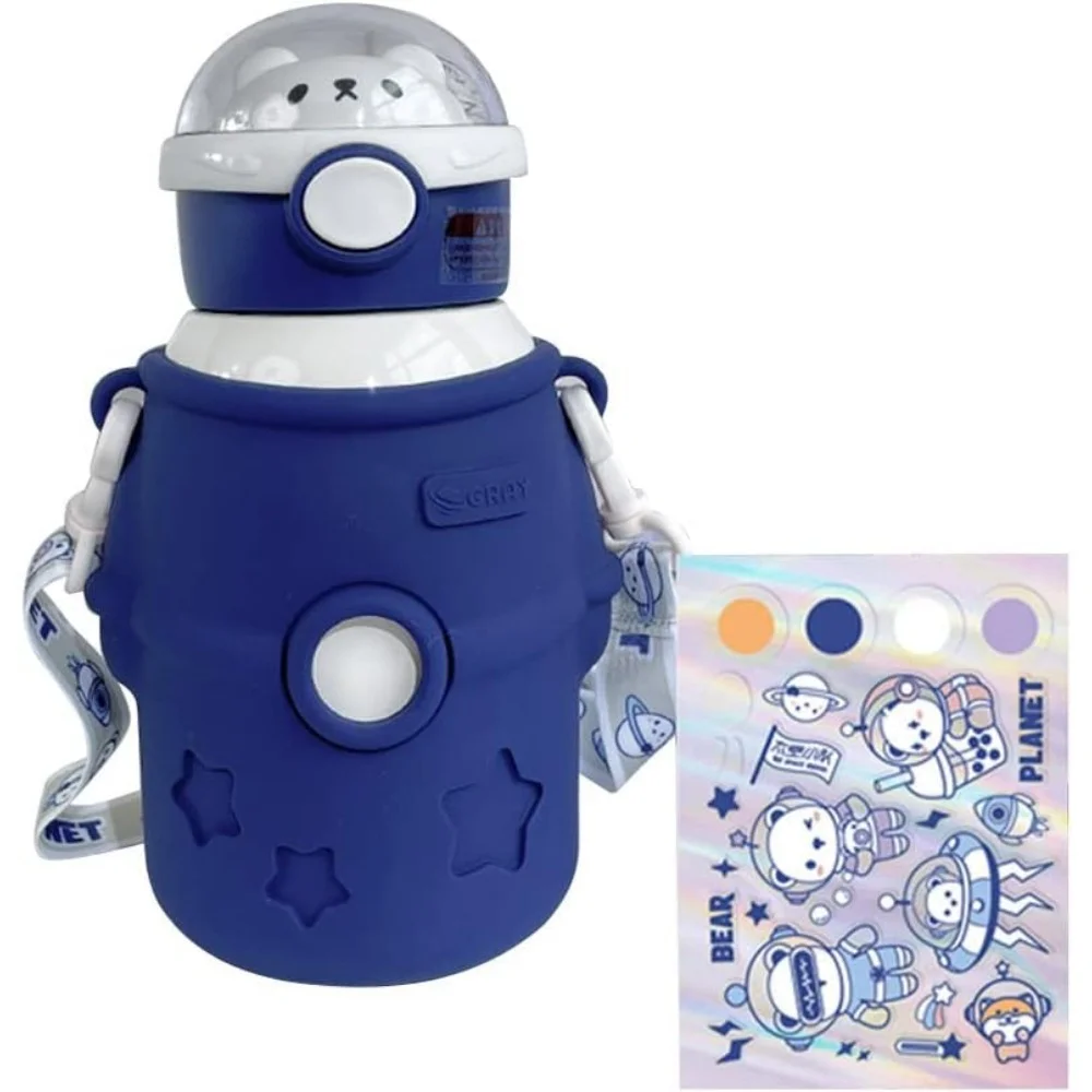 500ml/17oz Kawaii Water Bottle, Cute Insulated Water Bottles with Straw and Stickers, Cartoon Astronaut Vacuum Insulated Water Bottle Organizer, Kawaii Thermos with Carrier Holder
