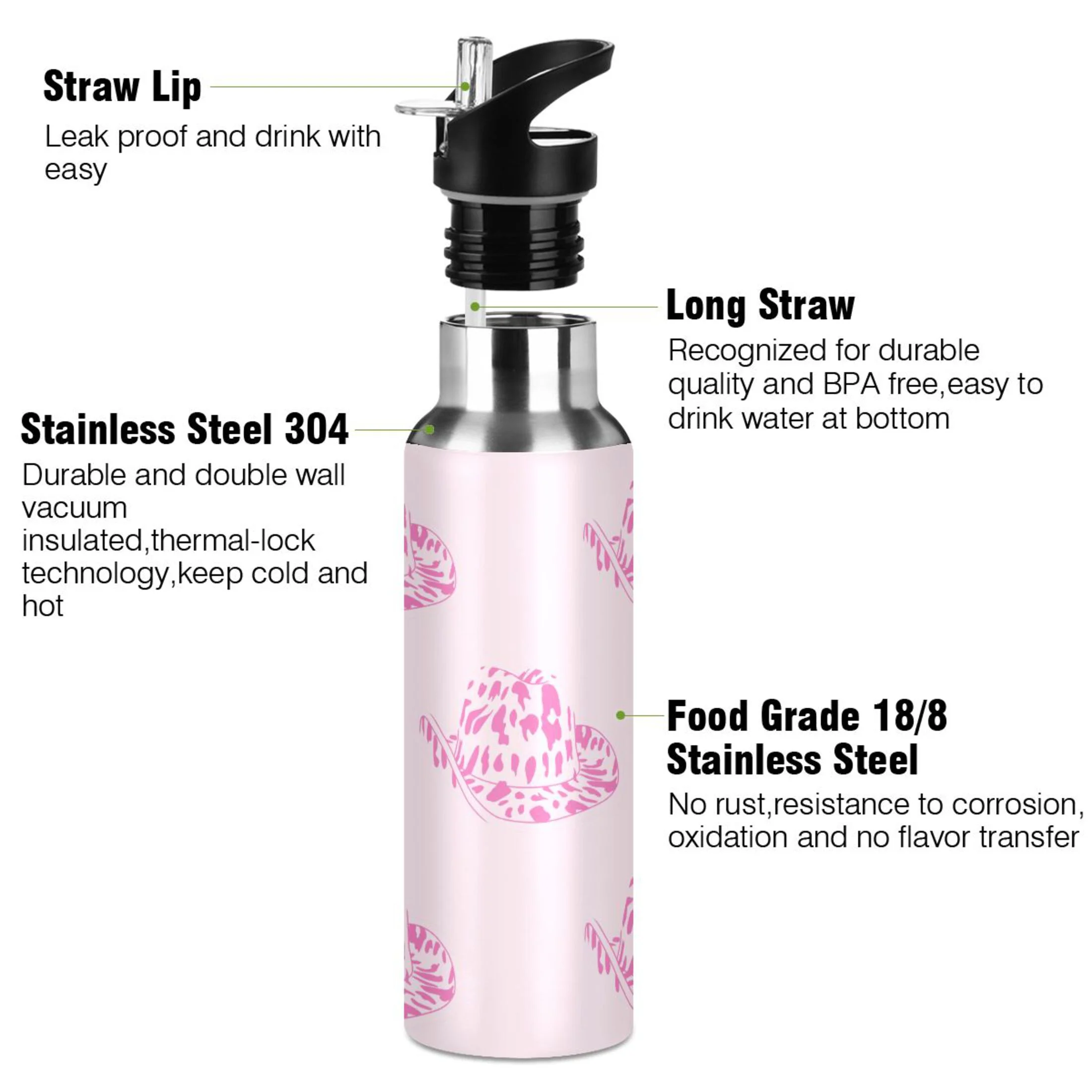 Water Bottle with Straw Lid Leak Pink Spots Hat Stainless Steel Insulated Thermos Vacuum Flask for Cold Hot Drinking for Sports Camping Gym Yoga
