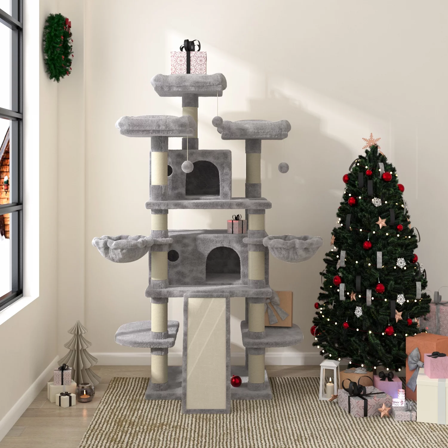 Allewie Grey 68 Inches Multi-Level Large Cat Tree with Cat Condo and Sisal Scratching Posts and Hammocks