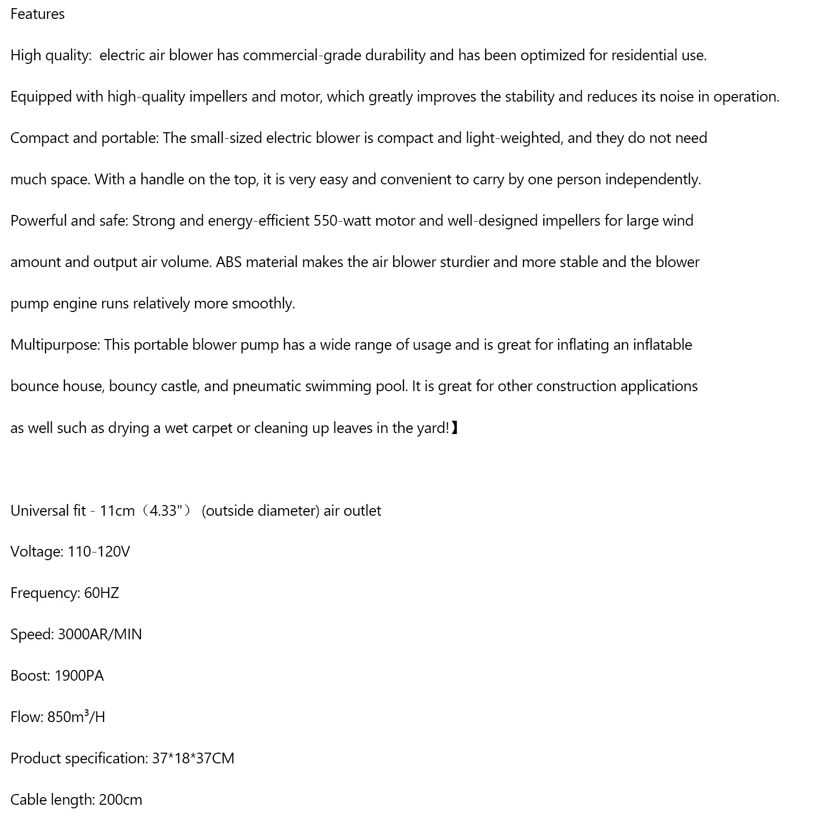 550 Watt Inflatable Bounce House Water slide Air Pump Blower Fan Inflatable castle