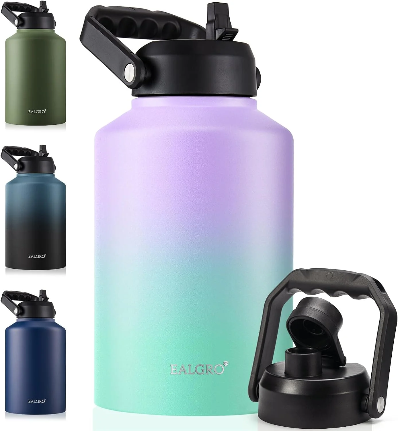 Gallon Insulated Water Bottle Jug with Straw, 128 oz Large Stainless Steel Sports Metal Water Canteen With Handle, Thermal Water Cup Mug with 2 Lids, Gradient Purple