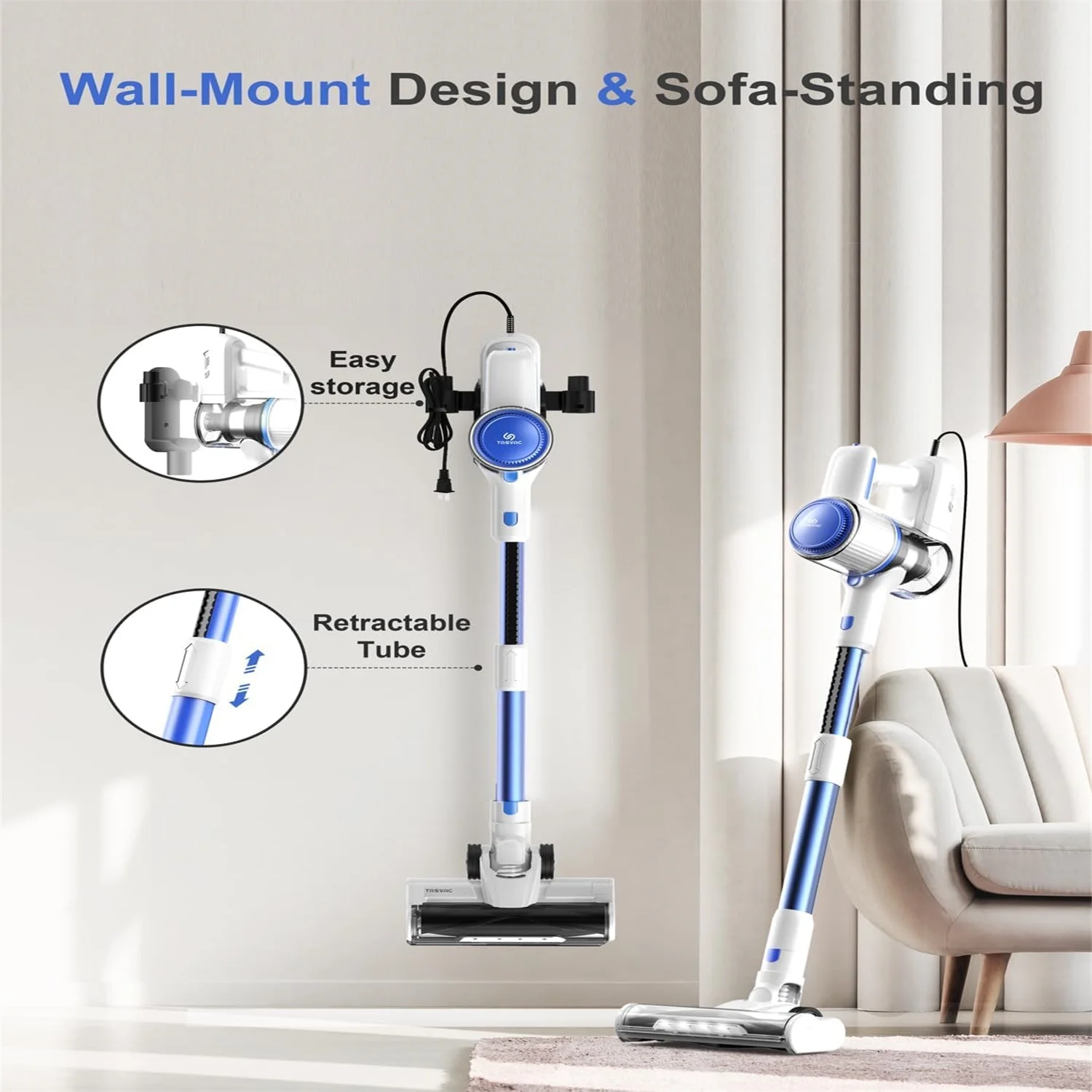 TASVAC I7 Corded Stick Vacuum, 26Kpa 600W Powerful Suction Vacuum Cleaner with LED Floor Head, Lightweight Corded Handheld Vac for Carpet Hard Floor Pet Hair