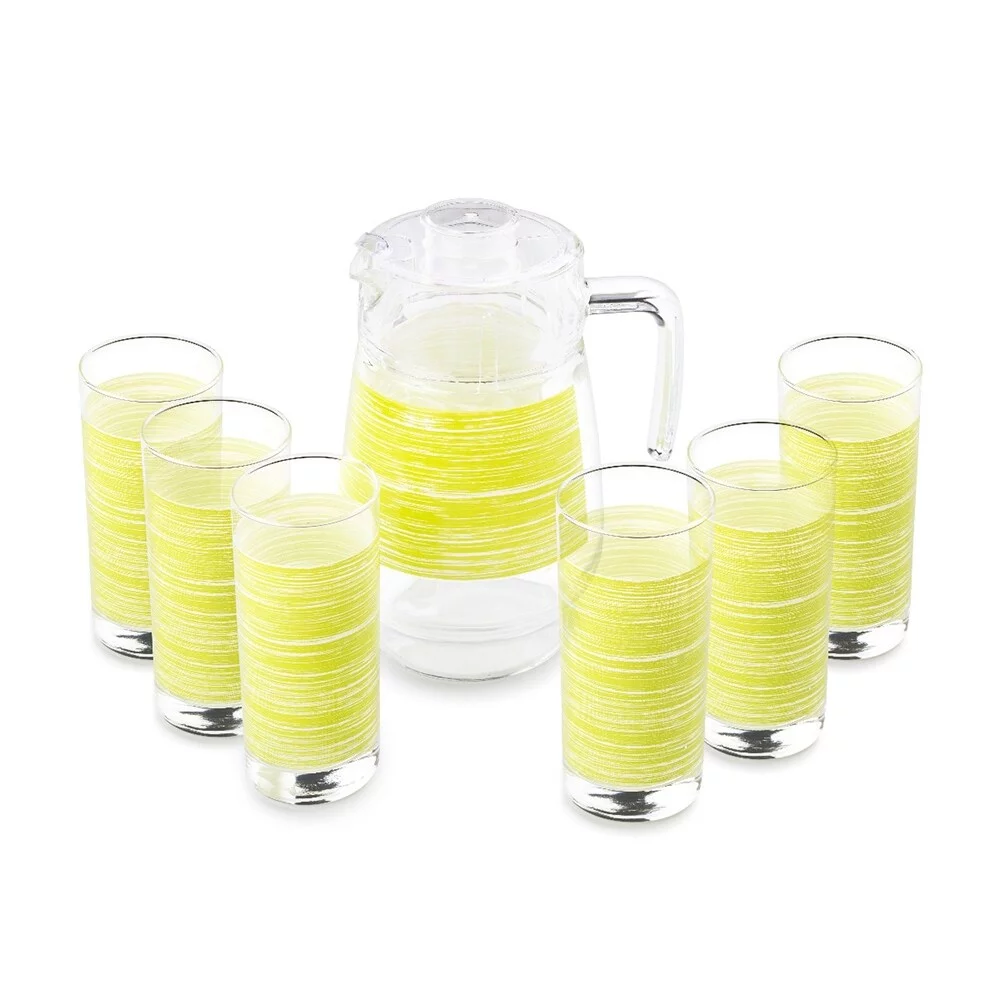 Bedside Water Pitcher for Kitchen Highball Glass Brush Mania Green Drinkware Set of 7 for 6 pers. 1.7-qt. (1.6 L) Glass Pitcher with Lid Water Jug Lemonade Jug