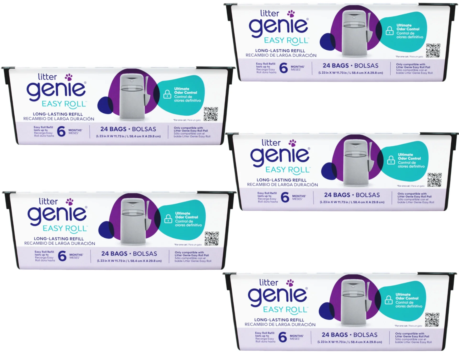 Litter Genie Easy Roll Refill, Cat Litter Disposal System, Ultimate Odor Control, 24 bags, 6 month, - 5 Pack