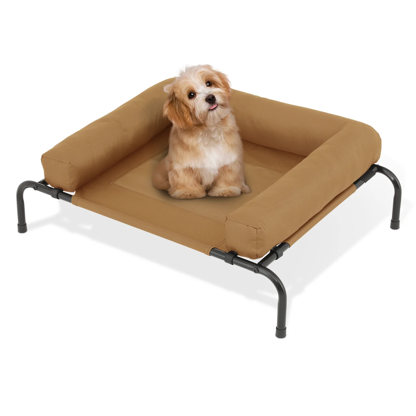 MoNiBloom Mult-size Elevated Dog Bed, Portable Raised Pet Cot with Bolster, Breathable Mesh, Skid-Resistant Feet for Small Pet, Light Brown