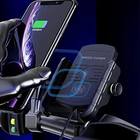 Motorcycle Wireless 15W Qi/USB Quick Charger 3.0 Phone Holder 2 in 1 Mount on 22-32mm Handlebar or Rear-View Mirror Fast Charging for 3.5-6.8 inch Cellphones(black)