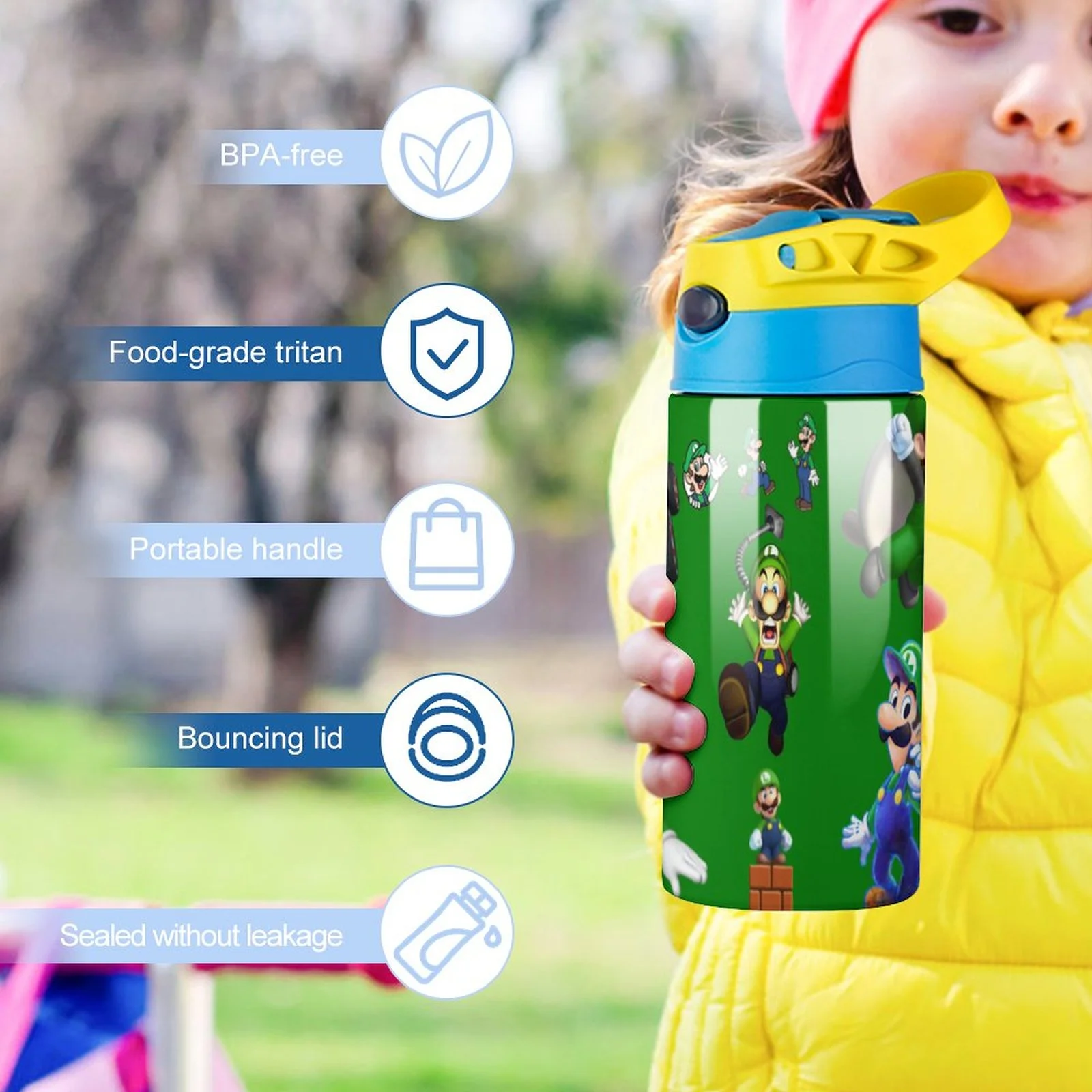 Luigi's Mansion Game Kid's Insulated Water Bottle With Straw Vacuum Stainless Steel Cup Leak-Proof Children Toddler Thermoses