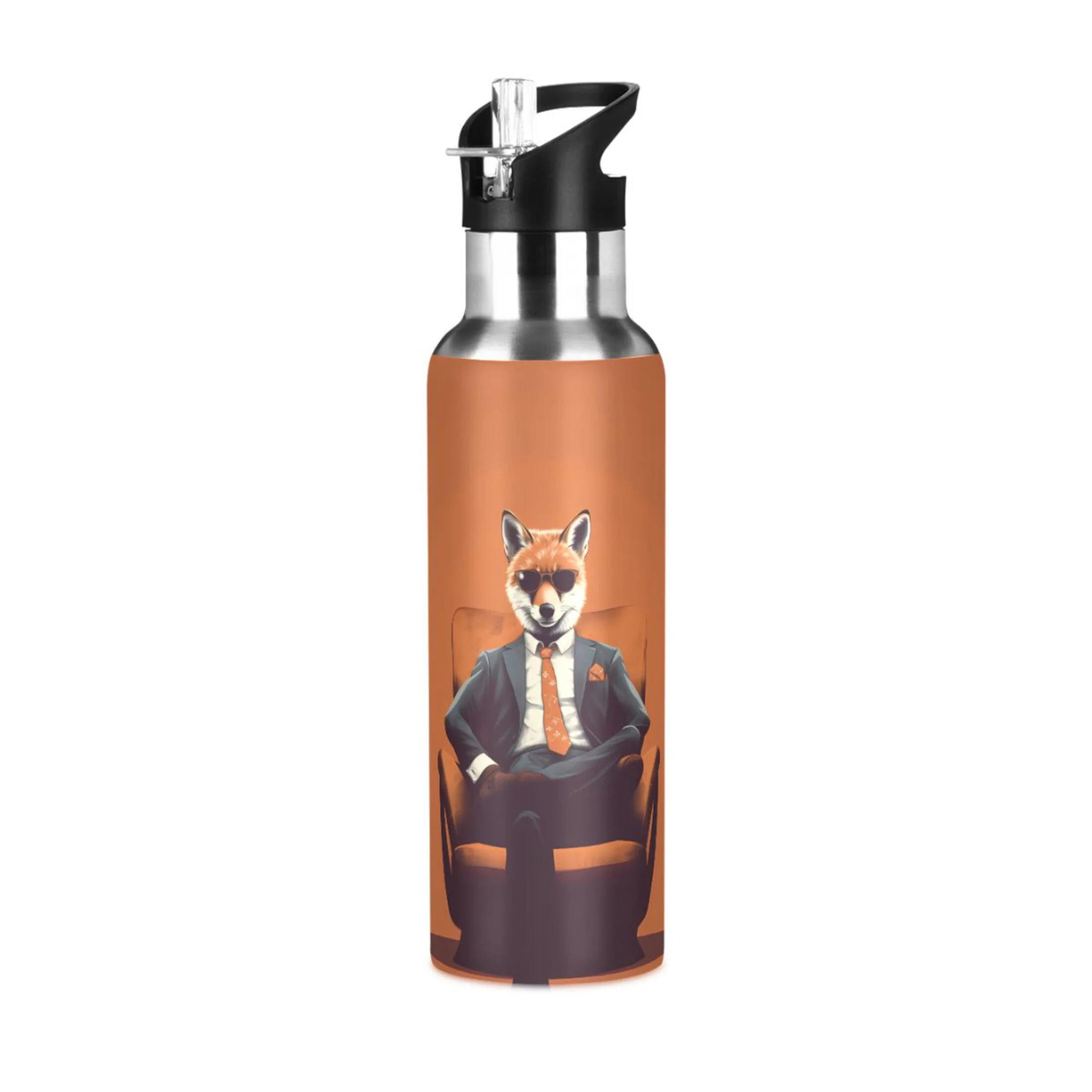 Cool Fox on Sofa Water Bottles Insulated Thermos Kids Stainless Steel Bottle with Straw Lid Flask Leakproof for Sports Gym 20 oz