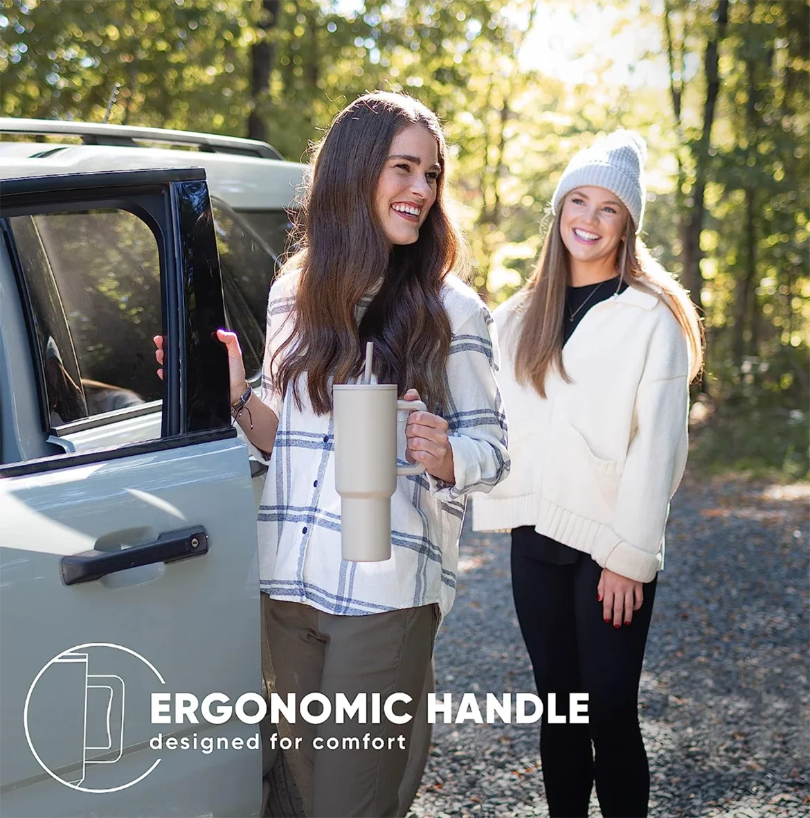 Simple and Modern Tumbler with Handle and Straw Lid Insulated Reusable Stainless Steel Water Bottle Travel Mug Cupholder 40oz-Gray