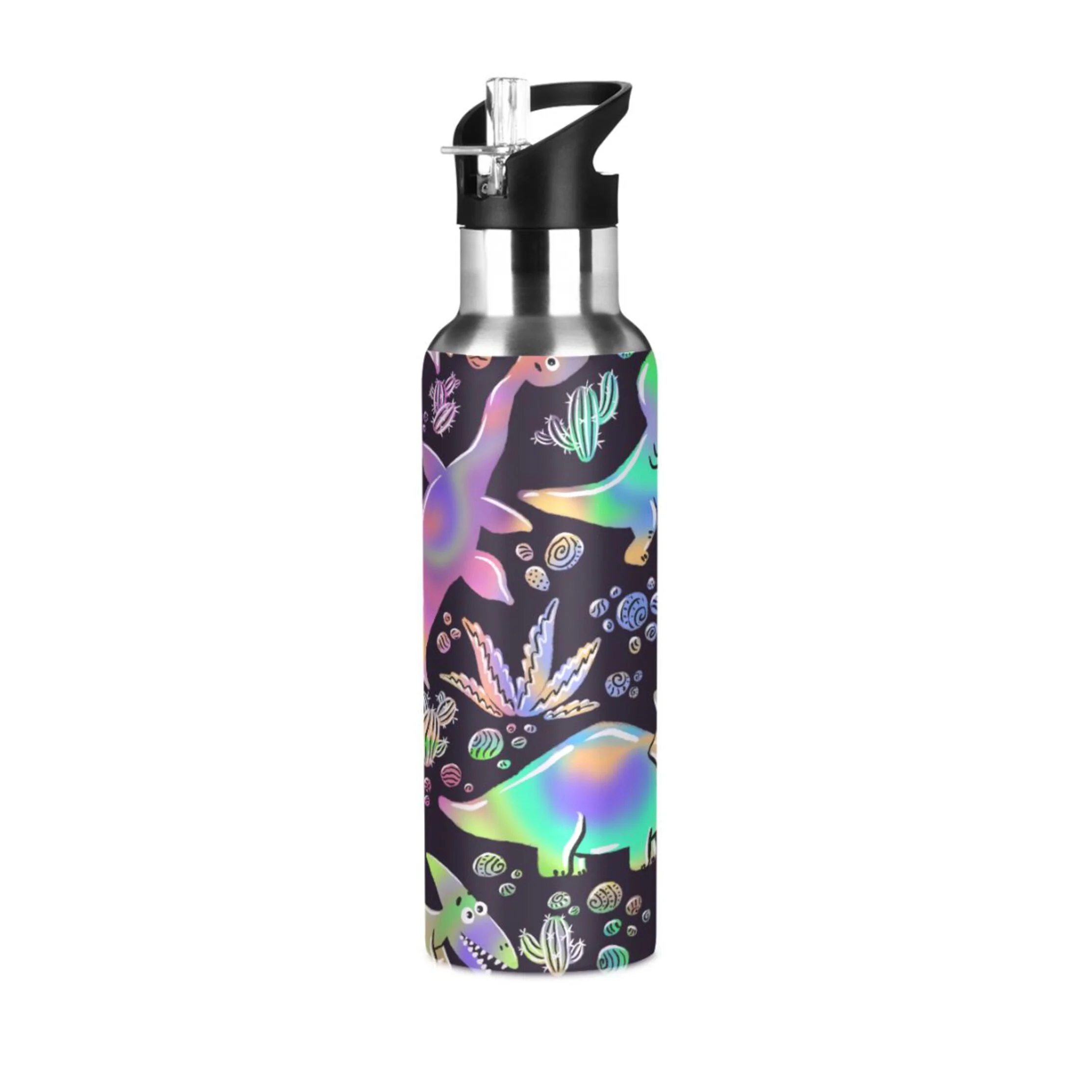 Stainless Steel Water Bottle Colorful Dinosaurs and Stones with Straw Lid Vacuum Insulated Keeps Hot and Cold Leak Proof Flask Jug for Gym Travel Sports Cycling Outdoor 20 OZ