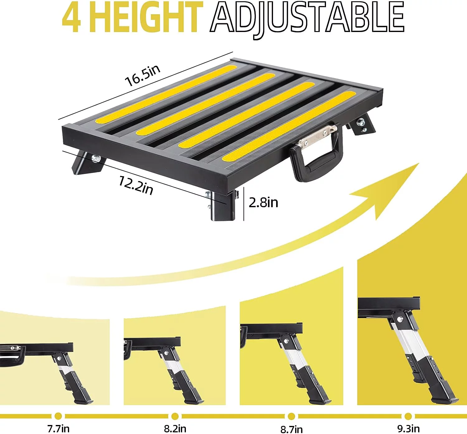 GarfatolRv RV Steps Adjustable Height Aluminum Stable Folding Platform Step Portable Handle and T Level Reflective Strips Non-Slip Rubber Feet with Anti-Slip Surface,Supports Up to 1,000 lb(Black)