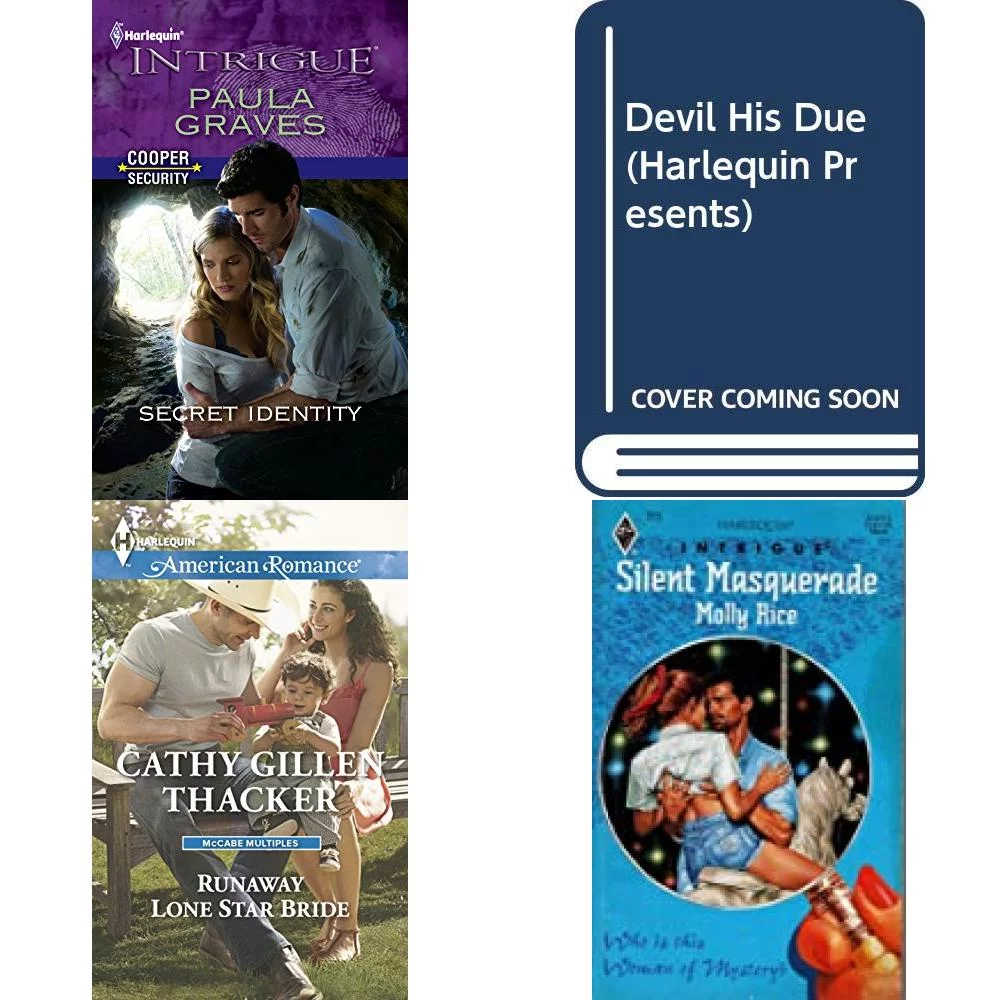 Assorted Harlequin Romance Paperback Book Bundle (4 Pack): Secret Identity Mass Market Paperback, The Devil His Due Harlequin Presents, No 1507 Mass Market Paperback, Runaway Lone Star Bride McCabe Mu